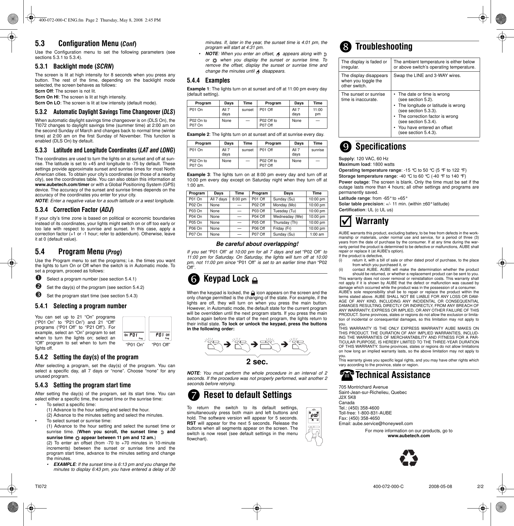 Page 2 of 4 - Aube-Technologies Aube-Technologies-Ti072-Users-Manual- 400-072-000-C ENG  Aube-technologies-ti072-users-manual