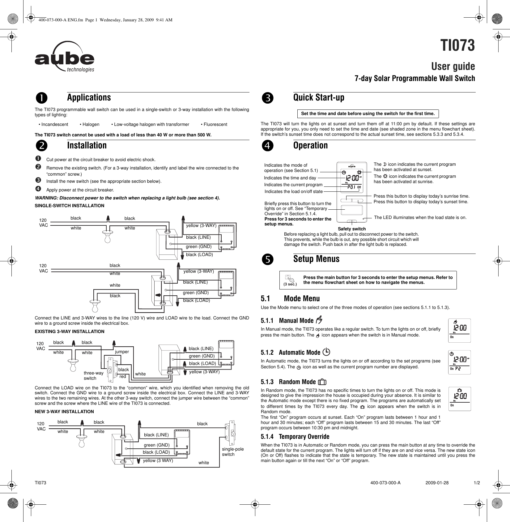 Aube Technologies Ti073 Users Manual 400 073 000 A ENG Aube Technologies Ti073 Users Manual 400 073 000 A ENG