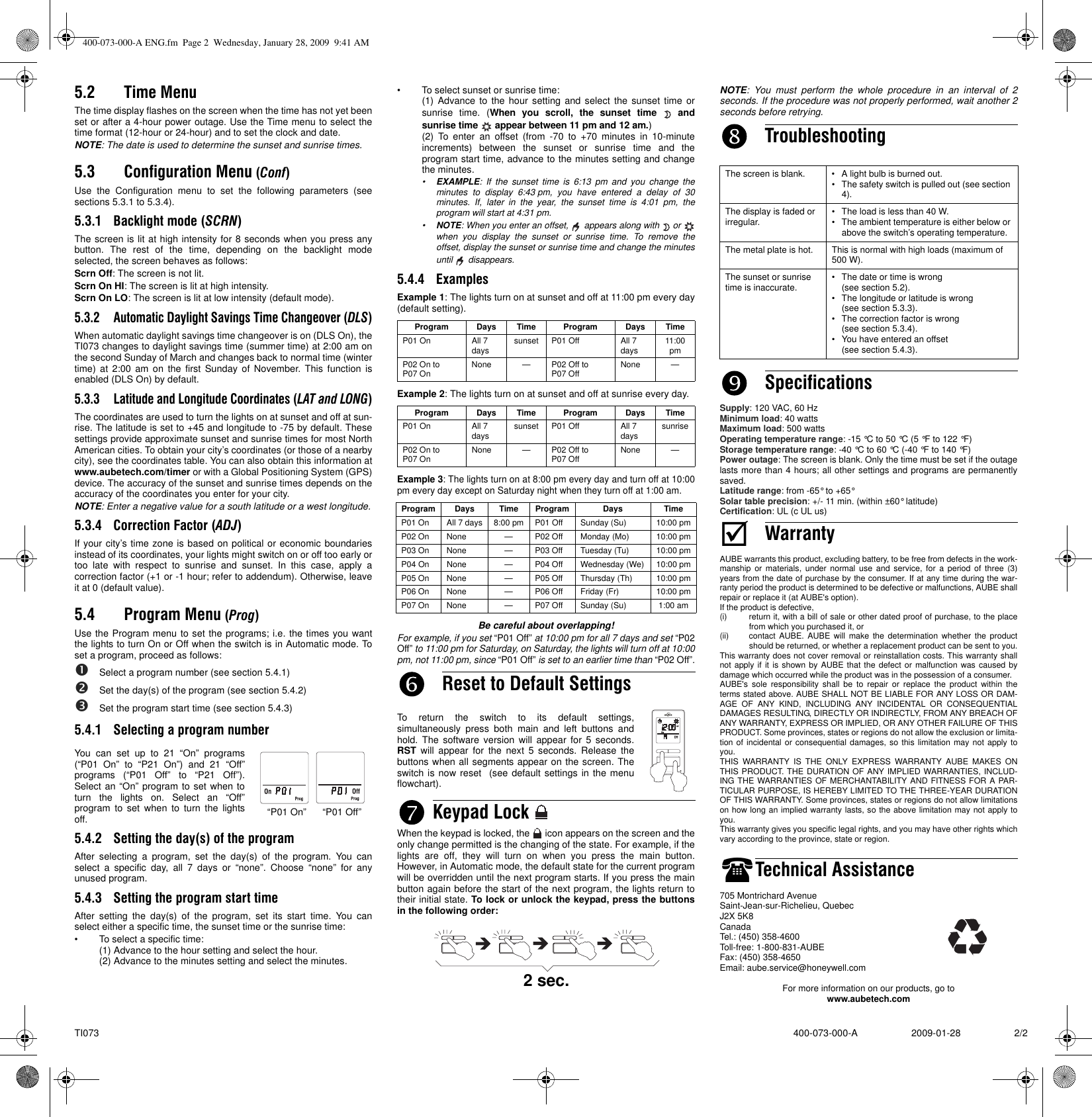 Page 2 of 4 - Aube-Technologies Aube-Technologies-Ti073-Users-Manual- 400-073-000-A ENG Aube-technologies-ti073-users-manual