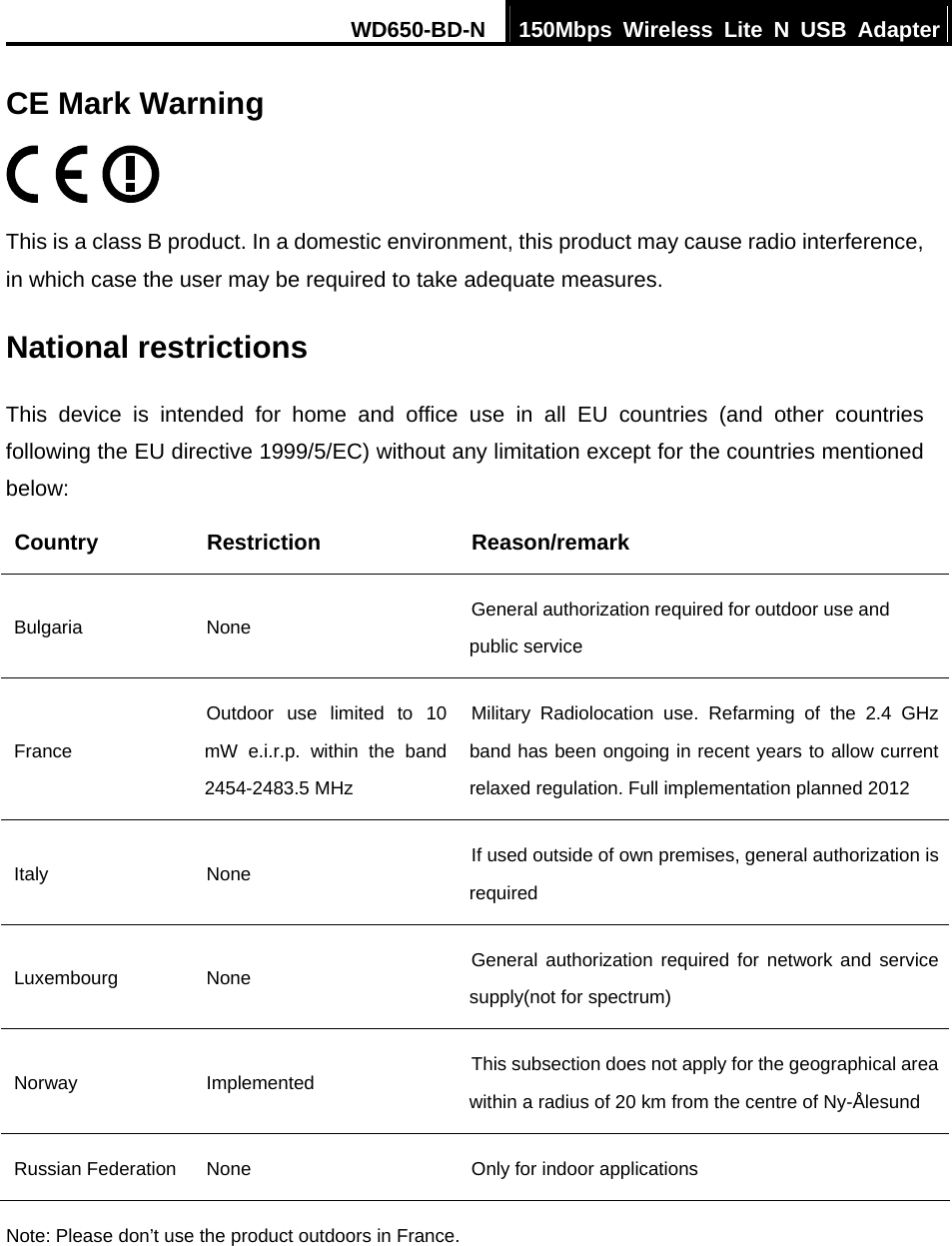 WD650-BD-N  150Mbps Wireless Lite N USB Adapter  CE Mark Warning  This is a class B product. In a domestic environment, this product may cause radio interference, in which case the user may be required to take adequate measures. National restrictions This device is intended for home and office use in all EU countries (and other countries following the EU directive 1999/5/EC) without any limitation except for the countries mentioned below: Country Restriction  Reason/remark Bulgaria None  General authorization required for outdoor use and public service France Outdoor use limited to 10 mW e.i.r.p. within the band 2454-2483.5 MHz Military Radiolocation use. Refarming of the 2.4 GHz band has been ongoing in recent years to allow current relaxed regulation. Full implementation planned 2012 Italy None  If used outside of own premises, general authorization is required Luxembourg None  General authorization required for network and service supply(not for spectrum) Norway Implemented  This subsection does not apply for the geographical area within a radius of 20 km from the centre of Ny-Ålesund Russian Federation  None  Only for indoor applications Note: Please don’t use the product outdoors in France. 