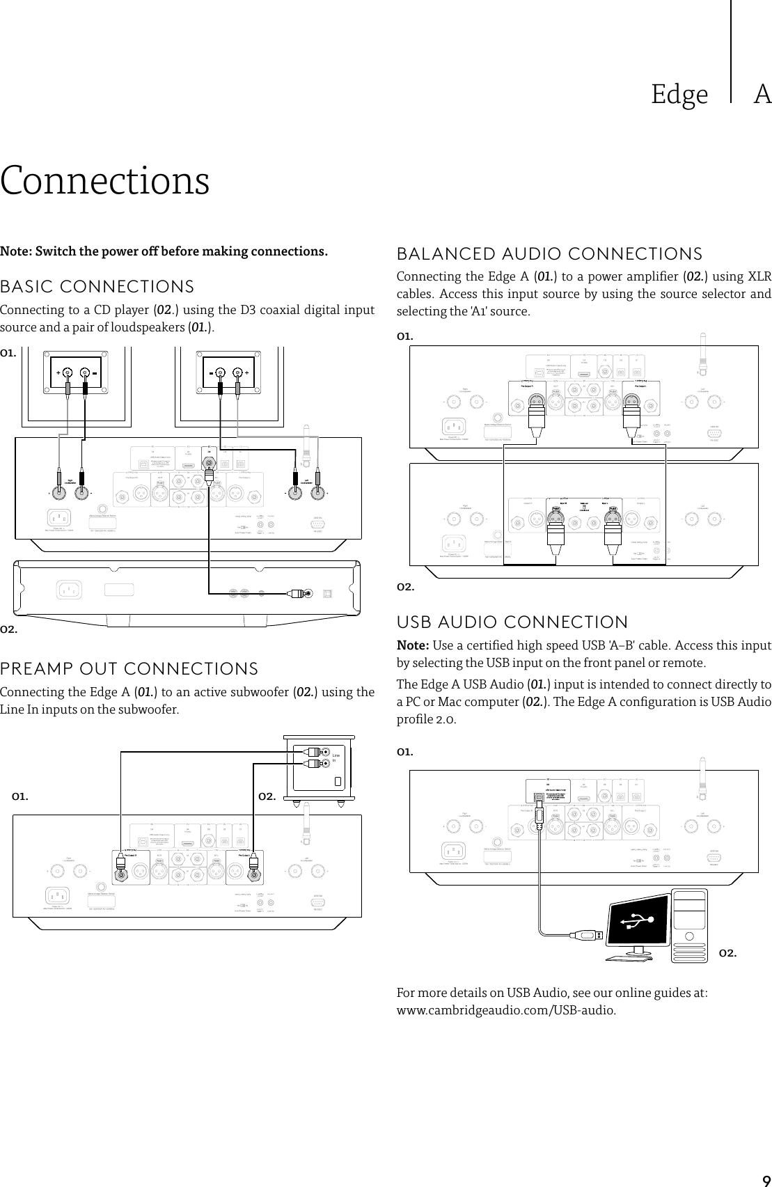 9Edge AConnectionsNote: Switch the power o before making connections. BASIC CONNECTIONSConnecting to a CD player (02.) using the D coaxial digital input source and a pair of loudspeakers (01.).  PREAMP OUT CONNECTIONSConnecting the Edge A (01.) to an active subwoofer (02.) using the Line In inputs on the subwoofer.LineInBALANCED AUDIO CONNECTIONS Connecting the Edge A (01.) to a power amplier (02.) using XLR cables. Access this input source by using the source selector and selecting the &apos;A1&apos; source. USB AUDIO CONNECTIONNote: Use a certied high speed USB &apos;A–B&apos; cable. Access this input by selecting the USB input on the front panel or remote. The Edge A USB Audio (01.) input is intended to connect directly to a PC or Mac computer (02.). The Edge A conguration is USB Audio prole 2.0.For more details on USB Audio, see our online guides at:    www.cambridgeaudio.com/USB-audio.01.01.01.02.02.02.02.01.