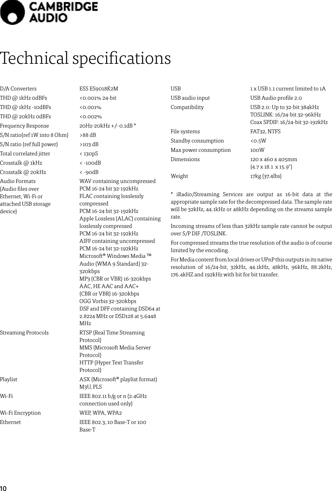 10Technical specicationsD/A Converters   ESS ES9018K2MTHD @ 1kHz 0dBFs  &lt;0.001% 24-bitTHD @ 1kHz -10dBFs  &lt;0.001%THD @ 20kHz 0dBFs  &lt;0.002%Frequency Response   20Hz-20kHz +/- 0.1dB *S/N ratio(ref 1W into 8 Ohm)  &gt;88 dBS/N ratio (ref full power)  &gt;103 dBTotal correlated jitter  &lt; 130pSCrosstalk @ 1kHz  &lt; -100dBCrosstalk @ 20kHz  &lt; -90dBAudio Formats    WAV containing uncompressed  PCM 16-24 bit 32-192kHz FLAC containing losslessly compressed  PCM 16-24 bit 32-192kHz Apple Lossless (ALAC) containing losslessly compressed  PCM 16-24 bit 32-192kHz AIFF containing uncompressed  PCM 16-24 bit 32-192kHz Microsoft® Windows Media TM Audio (WMA 9 Standard) 32-320kbps MP3 (CBR or VBR) 16-320kbps AAC, HE AAC and AAC+  (CBR or VBR) 16-320kbps OGG Vorbis 32-320kbps DSF and DFF containing DSD64 at 2.8224 MHz or DSD128 at 5.6448 MHzStreaming Protocols    RTSP (Real Time Streaming Protocol) MMS (Microsoft Media Server Protocol) HTTP (Hyper Text Transfer Protocol)Playlist     ASX (Microsoft® playlist format) M3U, PLSWi-Fi     IEEE 802.11 b/g or n (2.4GHz connection used only)Wi-Fi Encryption   WEP, WPA, WPA2Ethernet    IEEE 802.3, 10 Base-T or 100 Base-TUSB   1 x USB 1.1 current limited to 1AUSB audio input  USB Audio prole 2.0Compatibility   USB 2.0: Up to 32-bit 384kHz TOSLINK: 16/24-bit 32-96kHz Coax SPDIF: 16/24-bit 32-192kHzFile systems   FAT32, NTFSStandby consumption   &lt;0.5WMax power consumption  100WDimensions    120 x 460 x 405mm (4.7 x 18.1  x 15.9&quot;)Weight   17kg (37.4lbs)* iRadio/Streaming Services are output as 16-bit data at the appropriate sample rate for the decompressed data. The sample rate will be 32kHz, 44.1kHz or 48kHz depending on the streams sample rate.Incoming streams of less than 32kHz sample rate cannot be output over S/P DIF /TOSLINK.For compressed streams the true resolution of the audio is of course limited by the encoding. For Media content from local drives or UPnP this outputs in its native resolution of 16/24-bit, 32kHz, 44.1kHz, 48kHz, 96kHz, 88.2kHz, 176.4kHZ and 192kHz with bit for bit transfer.(Audio les over Ethernet, Wi-Fi or attached USB storage device)