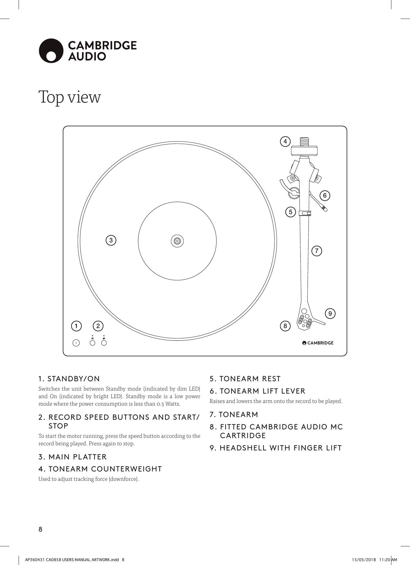 8Top view1. STANDBY/ONSwitches the unit between Standby mode (indicated by dim LED) and On (indicated by bright LED). Standby mode is a low power mode where the power consumption is less than 0.5 Watts. 2.  RECORD SPEED BUTTONS AND START/STOPTo start the motor running, press the speed button according to the record being played. Press again to stop.3. MAIN PLATTER4. TONEARM COUNTERWEIGHTUsed to adjust tracking force (downforce).5. TONEARM REST6. TONEARM LIFT LEVERRaises and lowers the arm onto the record to be played.7. TONEARM8.  FITTED CAMBRIDGE AUDIO MC CARTRIDGE9. HEADSHELL WITH FINGER LIFT31 2 879456AP360431 CA0858 USERS MANUAL ARTWORK.indd   8 15/05/2018   11:20 AM