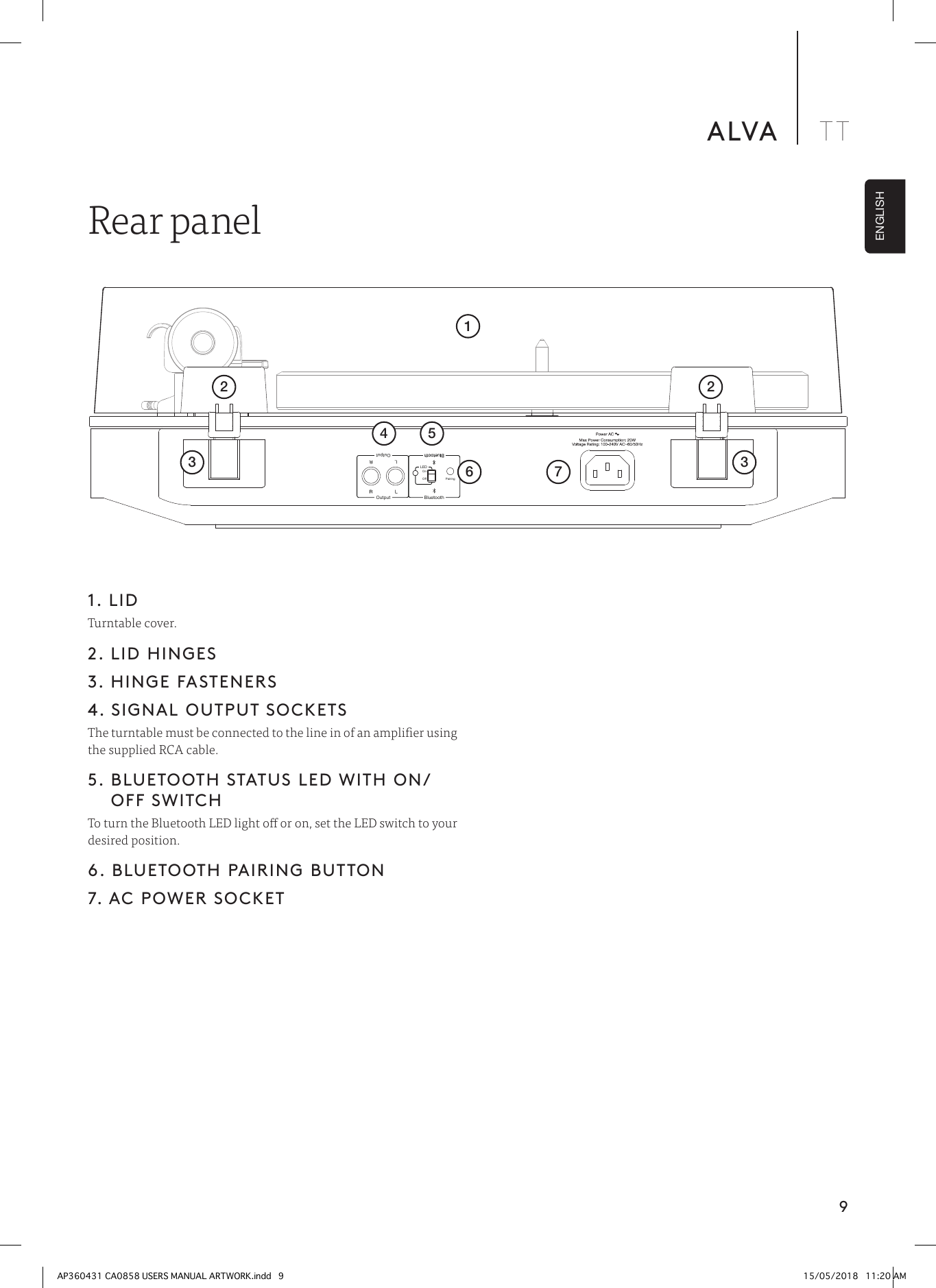 9ALVA TTENGLISHRear panel1. LIDTurntable cover.2. LID HINGES3. HINGE FASTENERS 4. SIGNAL OUTPUT SOCKETSThe turntable must be connected to the line in of an amplier using the supplied RCA cable.5.  BLUETOOTH STATUS LED WITH ON/OFF SWITCHTo turn the Bluetooth LED light o or on, set the LED switch to your desired position.6. BLUETOOTH PAIRING BUTTON7. AC POWER SOCKETOutputOutput BluetoothLEDOnOff Pairing123 32764 5AP360431 CA0858 USERS MANUAL ARTWORK.indd   9 15/05/2018   11:20 AM