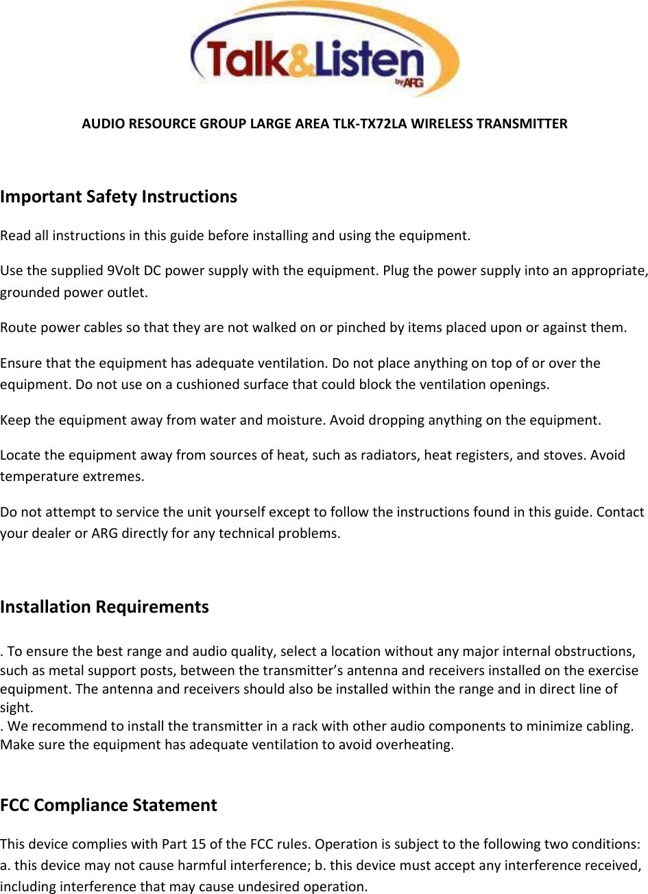 Audio Resource Group TLK-TX72LA 72Mhz Wireless Transmitter User Manual ...
