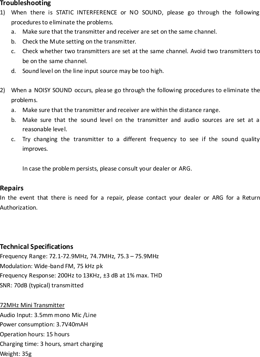 Audio Resource Group TX72M 72MHz audio transmitter User Manual
