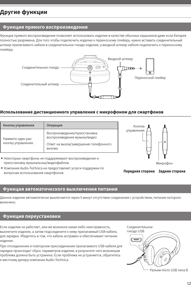 12Другие функцииФункция прямого воспроизведенияФункция прямого воспроизведения позволяет использовать изделие в качестве обычных наушников даже если батарея полностью разряжена. Для того чтобы подключить изделие к переносному плейеру, нужно вставить соединительный штекер прилагаемого кабеля в соединительное гнездо изделия, а входной штекер кабеля подключить к переносному плейеру.Соединительный штекерСоединительное гнездоВходной штекерПереносной плейерИспользование дистанционного управления с микрофоном для смартфоновКнопка управления Операция Кнопка управленияМикрофонЗадняя сторонаПередняя сторонаНажмите один раз кнопку управления.Воспроизведение/приостановка воспроизведения музыки/видеоОтвет на вызов/завершение телефонного вызова• Некоторые смартфоны не поддерживают воспроизведение и приостановку музыкальных/видеофайлов.• Компания Audio-Technica не предоставляет услуги поддержки по вопросам использования смартфонов.Функция автоматического выключения питанияДанное изделие автоматически выключается через 5 минут отсутствия соединения с устройством, питание которого включено.Функция переустановкиЕсли изделие не работает, или же возникла какая-либо неисправность, выключите изделие, а затем подсоедините к нему прилагаемый USB-кабель для зарядки. Убедитесь в том, что кабель исправен и обеспечивает питание изделия.При отсоединении и повторном присоединении прилагаемого USB-кабеля для зарядки происходит сброс параметров изделия, в результате чего возникшая проблема должна быть устранена. Если проблема не устраняется, обратитесь к местному дилеру компании Audio-Technica.Соединительное гнездо USBРазъем micro USB типа B