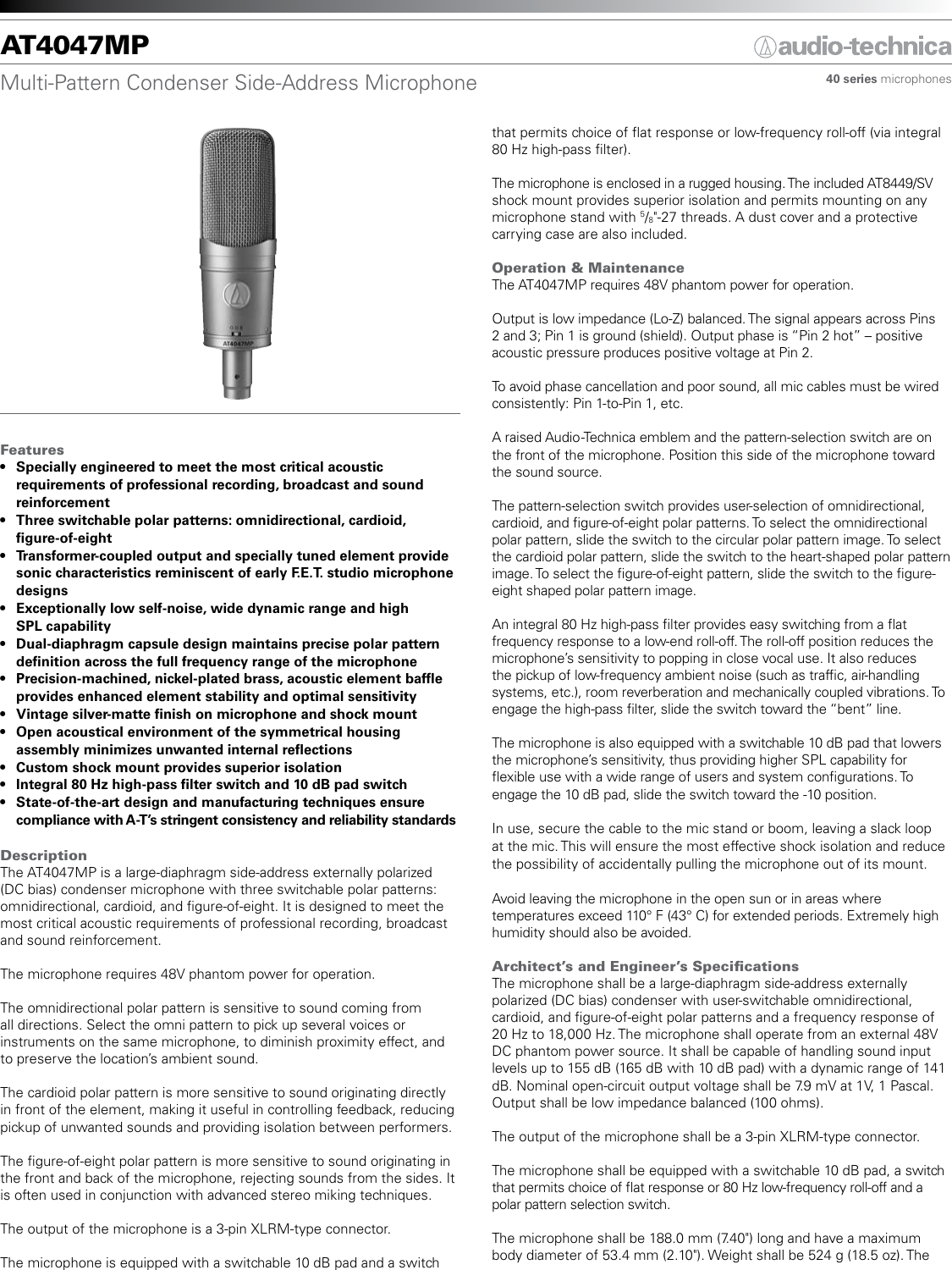 Page 1 of 2 - Audio-Technica Audio-Technica-At4047Mp-Users-Manual-  Audio-technica-at4047mp-users-manual