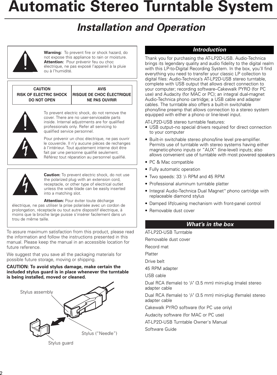 Page 2 of 8 - Audio-Technica Audio-Technica-At-Lp2D-Usb-Users-Manual- AT-LP2D USB_OM  Audio-technica-at-lp2d-usb-users-manual