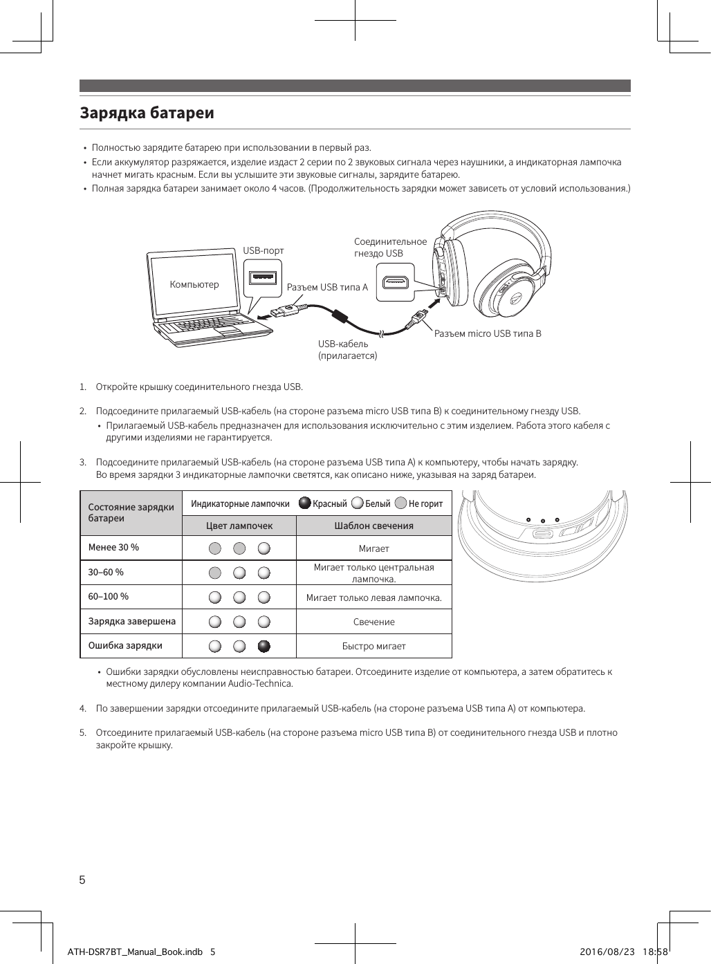 5Зарядка батареи•  Полностью зарядите батарею при использовании в первый раз.•  Если аккумулятор разряжается, изделие издаст 2 серии по 2 звуковых сигнала через наушники, а индикаторная лампочка начнет мигать красным. Если вы услышите эти звуковые сигналы, зарядите батарею.•  Полная зарядка батареи занимает около 4 часов. (Продолжительность зарядки может зависеть от условий использования.)1.  Откройте крышку соединительного гнезда USB.2.  Подсоедините прилагаемый USB-кабель (на стороне разъема micro USB типа B) к соединительному гнезду USB.•  Прилагаемый USB-кабель предназначен для использования исключительно с этим изделием. Работа этого кабеля с другими изделиями не гарантируется.3.  Подсоедините прилагаемый USB-кабель (на стороне разъема USB типа A) к компьютеру, чтобы начать зарядку. Во время зарядки 3 индикаторные лампочки светятся, как описано ниже, указывая на заряд батареи.Состояние зарядки батареиИндикаторные лампочки   Красный    Белый    Не горитЦвет лампочек Шаблон свеченияМенее 30% Мигает30–60% Мигает только центральная лампочка.60–100% Мигает только левая лампочка.Зарядка завершена СвечениеОшибка зарядки Быстро мигает•  Ошибки зарядки обусловлены неисправностью батареи. Отсоедините изделие от компьютера, а затем обратитесь к местному дилеру компании Audio-Technica.4.  По завершении зарядки отсоедините прилагаемый USB-кабель (на стороне разъема USB типа A) от компьютера.5.  Отсоедините прилагаемый USB-кабель (на стороне разъема micro USB типа B) от соединительного гнезда USB и плотно закройте крышку.Соединительное гнездо USBUSB-портРазъем USB типа AUSB-кабель(прилагается)Разъем micro USB типа BКомпьютерATH-DSR7BT_Manual_Book.indb   5 2016/08/23   18:58