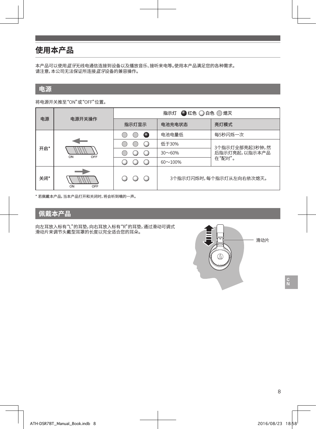 8使用本产品本产品可以使用蓝牙无线电通信连接到设备以及播放音乐、接听来电等。使用本产品满足您的各种需求。请注意，本公司无法保证所连接蓝牙设备的兼容操作。电源 佩戴本产品•将电源开关推至“ON”或“OFF”位置。电源 电源开关操作指示灯   红色    白色    熄灭指示灯显示 电池充电状态 亮灯模式开启*电池电量低 每5秒闪烁一次低于30% 3个指示灯全部亮起3秒钟，然后指示灯亮起，以指示本产品在“配对”。30～60%60～100%关闭* 3个指示灯闪烁时，每个指示灯从左向右依次熄灭。*•若佩戴本产品，当本产品打开和关闭时，将会听到嘀的一声。向左耳放入标有“L”的耳垫，向右耳放入标有“R”的耳垫，通过滑动可调式滑动片来调节头戴型耳罩的长度以完全适合您的耳朵。滑动片ATH-DSR7BT_Manual_Book.indb   8 2016/08/23   18:58