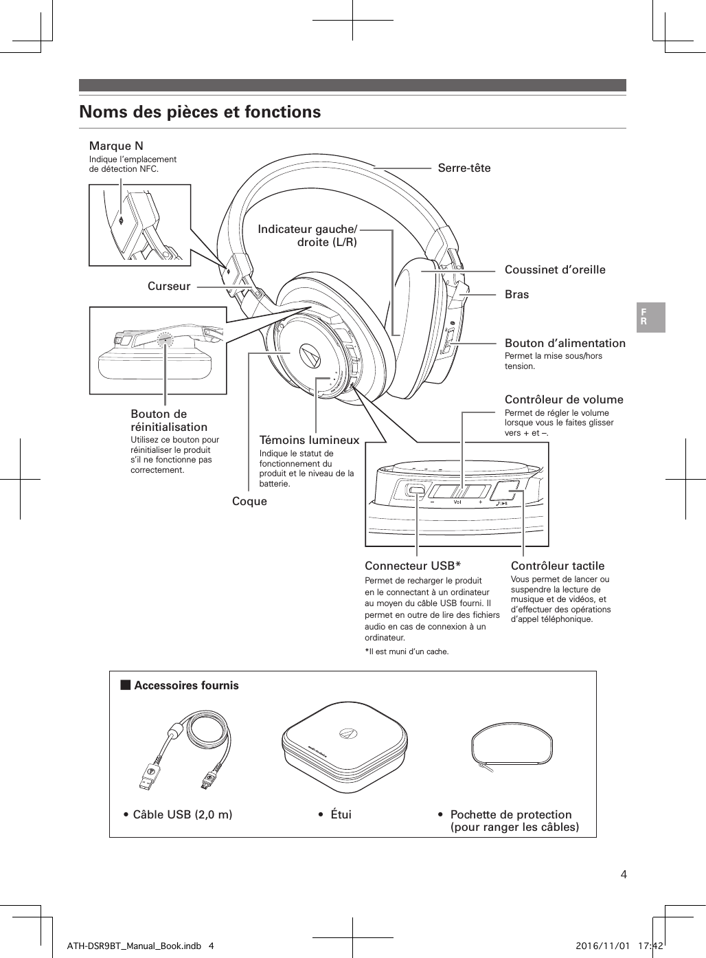 4Noms des pièces et fonctions ■Accessoires fournis•  Câble USB (2,0 m) •  Étui •  Pochette de protection (pour ranger les câbles)Témoins  lumineuxIndique le statut de fonctionnement du produit et le niveau de la batterie.CoqueCurseurMarque NIndique l’emplacement de détection NFC.Coussinet d’oreilleSerre-têteIndicateur gauche/droite (L/R)BrasBouton d’alimentationPermet la mise sous/hors tension.Contrôleur tactileVous permet de lancer ou suspendre la lecture de musique et de vidéos, et d’effectuer des opérations d’appel téléphonique.Connecteur USB*Permet de recharger le produit en le connectant à un ordinateur au moyen du câble USB fourni. Il permet en outre de lire des fichiers audio en cas de connexion à un ordinateur.*Il est muni d’un cache.Contrôleur de volumePermet de régler le volume lorsque vous le faites glisser vers + et –.Bouton de réinitialisationUtilisez ce bouton pour réinitialiser le produit s’il ne fonctionne pas correctement.ATH-DSR9BT_Manual_Book.indb   4 2016/11/01   17:42