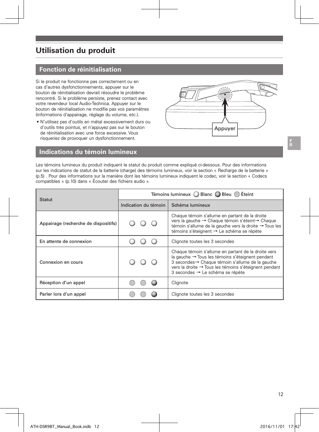 12Utilisation du produit Indications du témoin lumineuxLes témoins lumineux du produit indiquent le statut du produit comme expliqué ci-dessous. Pour des informations sur les indications de statut de la batterie (charge) des témoins lumineux, voir la section «Recharge de la batterie» (p.5) . Pour des informations sur la manière dont les témoins lumineux indiquent le codec, voir la section «Codecs compatibles» (p.10) dans «Écouter des fichiers audio».StatutTémoins  lumineux     Blanc    Bleu    ÉteintIndication du témoin Schéma lumineuxAppairage (recherche de dispositifs)Chaque témoin s’allume en partant de la droite vers la gauche → Chaque témoin s’éteint→ Chaque témoin s’allume de la gauche vers la droite → Tous  les témoins s’éteignent → Le schéma se répèteEn attente de connexion Clignote toutes les 3 secondesConnexion en coursChaque témoin s’allume en partant de la droite vers la gauche → Tous les témoins s’éteignent pendant 3 secondes→ Chaque témoin s’allume de la gauche vers la droite → Tous les témoins s’éteignent pendant 3 secondes → Le schéma se répèteRéception d’un appel ClignoteParler lors d’un appel Clignote toutes les 3 secondes Fonction de réinitialisationSi le produit ne fonctionne pas correctement ou en cas d’autres dysfonctionnements, appuyer sur le bouton de réinitialisation devrait résoudre le problème rencontré. Si le problème persiste, prenez contact avec votre revendeur local Audio-Technica. Appuyer sur le bouton de réinitialisation ne modifie pas vos paramètres (informations d’appairage, réglage du volume, etc.).• N’utilisez pas d’outils en métal excessivement durs ou d’outils très pointus, et n’appuyez pas sur le bouton de réinitialisation avec une force excessive. Vous risqueriez de provoquer un dysfonctionnement.AppuyerATH-DSR9BT_Manual_Book.indb   12 2016/11/01   17:42