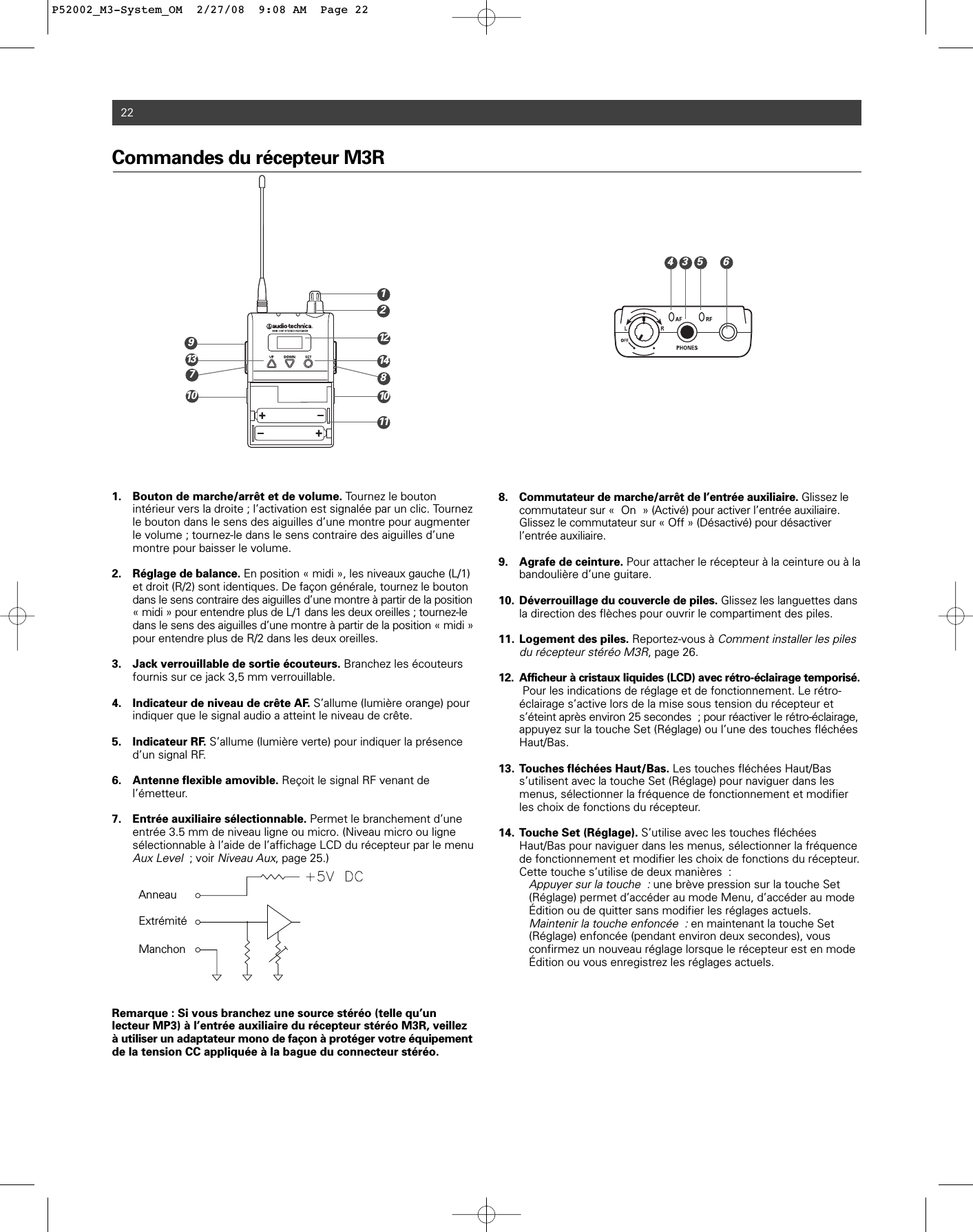 Commandes du récepteur M3R1. Bouton de marche/arrêt et de volume. Tournez le bouton intérieur vers la droite ; l’activation est signalée par un clic. Tournez le bouton dans le sens des aiguilles d’une montre pour augmenter le volume ; tournez-le dans le sens contraire des aiguilles d’une montre pour baisser le volume.2. Réglage de balance. En position « midi », les niveaux gauche (L/1) et droit (R/2) sont identiques. De façon générale, tournez le bouton dans le sens contraire des aiguilles d’une montre à partir de la position« midi » pour entendre plus de L/1 dans les deux oreilles ; tournez-le dans le sens des aiguilles d’une montre à partir de la position « midi »pour entendre plus de R/2 dans les deux oreilles. 3. Jack verrouillable de sortie écouteurs. Branchez les écouteurs fournis sur ce jack 3,5 mm verrouillable.4. Indicateur de niveau de crête AF. S’allume (lumière orange) pour indiquer que le signal audio a atteint le niveau de crête.5. Indicateur RF. S’allume (lumière verte) pour indiquer la présence d’un signal RF.6. Antenne flexible amovible. Reçoit le signal RF venant de l’émetteur. 7. Entrée auxiliaire sélectionnable. Permet le branchement d’une entrée 3.5 mm de niveau ligne ou micro. (Niveau micro ou ligne sélectionnable à l’aide de l’affichage LCD du récepteur par le menu Aux Level; voir Niveau Aux, page 25.) Remarque : Si vous branchez une source stéréo (telle qu’unlecteur MP3) à l’entrée auxiliaire du récepteur stéréo M3R, veillezà utiliser un adaptateur mono de façon à protéger votre équipementde la tension CC appliquée à la bague du connecteur stéréo.8. Commutateur de marche/arrêt de l’entrée auxiliaire. Glissez le commutateur sur « On » (Activé) pour activer l’entrée auxiliaire. Glissez le commutateur sur « Off » (Désactivé) pour désactiver l’entrée auxiliaire.9. Agrafe de ceinture. Pour attacher le récepteur à la ceinture ou à la bandoulière d’une guitare.10. Déverrouillage du couvercle de piles. Glissez les languettes dansla direction des flèches pour ouvrir le compartiment des piles.11. Logement des piles. Reportez-vous à Comment installer les piles du récepteur stéréo M3R, page 26. 12. Afficheur à cristaux liquides (LCD) avec rétro-éclairage temporisé.Pour les indications de réglage et de fonctionnement. Le rétro-éclairage s’active lors de la mise sous tension du récepteur et s’éteint après environ 25 secondes ; pour réactiver le rétro-éclairage,appuyez sur la touche Set (Réglage) ou l’une des touches fléchées Haut/Bas. 13. Touches fléchées Haut/Bas. Les touches fléchées Haut/Bas s’utilisent avec la touche Set (Réglage) pour naviguer dans les menus, sélectionner la fréquence de fonctionnement et modifier les choix de fonctions du récepteur.14. Touche Set (Réglage). S’utilise avec les touches fléchées Haut/Bas pour naviguer dans les menus, sélectionner la fréquence de fonctionnement et modifier les choix de fonctions du récepteur.Cette touche s’utilise de deux manières :Appuyer sur la touche :une brève pression sur la touche Set (Réglage) permet d’accéder au mode Menu, d’accéder au mode Édition ou de quitter sans modifier les réglages actuels.Maintenir la touche enfoncée :en maintenant la touche Set (Réglage) enfoncée (pendant environ deux secondes), vous confirmez un nouveau réglage lorsque le récepteur est en mode Édition ou vous enregistrez les réglages actuels.22AnneauExtrémitéManchon2146713 14111298101035P52002_M3-System_OM  2/27/08  9:08 AM  Page 22