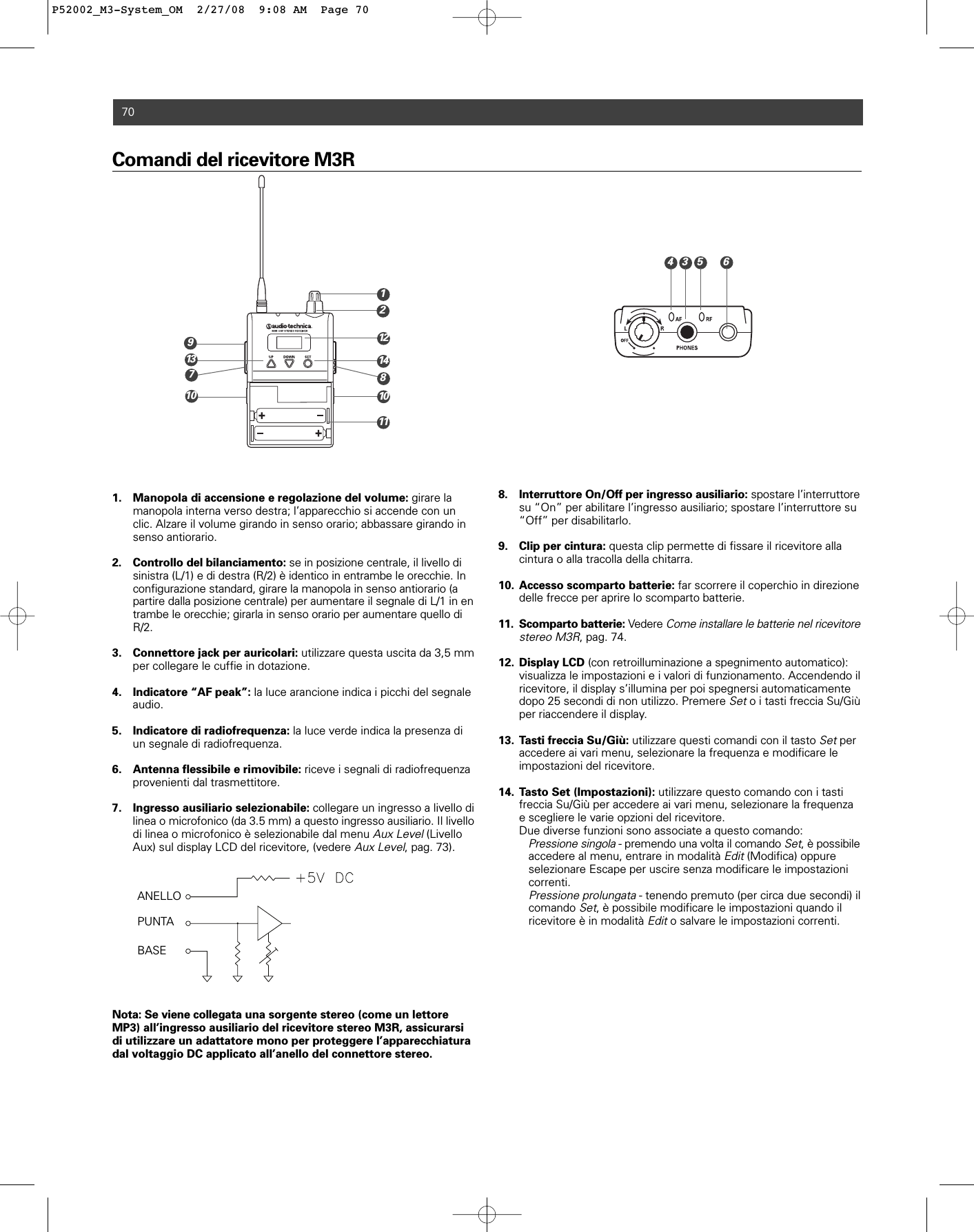 Comandi del ricevitore M3R1. Manopola di accensione e regolazione del volume: girare la manopola interna verso destra; l’apparecchio si accende con un clic. Alzare il volume girando in senso orario; abbassare girando in senso antiorario.2. Controllo del bilanciamento: se in posizione centrale, il livello di sinistra (L/1) e di destra (R/2) è identico in entrambe le orecchie. In configurazione standard, girare la manopola in senso antiorario (a partire dalla posizione centrale) per aumentare il segnale di L/1 in entrambe le orecchie; girarla in senso orario per aumentare quello di R/2. 3. Connettore jack per auricolari: utilizzare questa uscita da 3,5 mm per collegare le cuffie in dotazione.4. Indicatore “AF peak”: la luce arancione indica i picchi del segnale audio.5. Indicatore di radiofrequenza: la luce verde indica la presenza di un segnale di radiofrequenza.6. Antenna flessibile e rimovibile: riceve i segnali di radiofrequenza provenienti dal trasmettitore.7. Ingresso ausiliario selezionabile: collegare un ingresso a livello di linea o microfonico (da 3.5 mm) a questo ingresso ausiliario. Il livellodi linea o microfonico è selezionabile dal menu Aux Level (Livello Aux) sul display LCD del ricevitore, (vedere Aux Level, pag. 73).Nota: Se viene collegata una sorgente stereo (come un lettoreMP3) all’ingresso ausiliario del ricevitore stereo M3R, assicurarsidi utilizzare un adattatore mono per proteggere l’apparecchiaturadal voltaggio DC applicato all’anello del connettore stereo.8. Interruttore On/Off per ingresso ausiliario: spostare l’interruttoresu “On” per abilitare l’ingresso ausiliario; spostare l’interruttore su “Off” per disabilitarlo.9. Clip per cintura: questa clip permette di fissare il ricevitore alla cintura o alla tracolla della chitarra.10. Accesso scomparto batterie: far scorrere il coperchio in direzione delle frecce per aprire lo scomparto batterie.11. Scomparto batterie: Vedere Come installare le batterie nel ricevitorestereo M3R, pag. 74.12. Display LCD (con retroilluminazione a spegnimento automatico): visualizza le impostazioni e i valori di funzionamento. Accendendo il ricevitore, il display s’illumina per poi spegnersi automaticamente dopo 25 secondi di non utilizzo. Premere Seto i tasti freccia Su/Giù per riaccendere il display.13. Tasti freccia Su/Giù: utilizzare questi comandi con il tasto Setper accedere ai vari menu, selezionare la frequenza e modificare le impostazioni del ricevitore.14. Tasto Set (Impostazioni): utilizzare questo comando con i tasti freccia Su/Giù per accedere ai vari menu, selezionare la frequenza e scegliere le varie opzioni del ricevitore.Due diverse funzioni sono associate a questo comando:Pressione singola- premendo una volta il comando Set, è possibileaccedere al menu, entrare in modalità Edit(Modifica) oppure selezionare Escape per uscire senza modificare le impostazioni correnti.Pressione prolungata- tenendo premuto (per circa due secondi) il comando Set, è possibile modificare le impostazioni quando il ricevitore è in modalità Edito salvare le impostazioni correnti.70ANELLOPUNTABASE2146713 14111298101035P52002_M3-System_OM  2/27/08  9:08 AM  Page 70