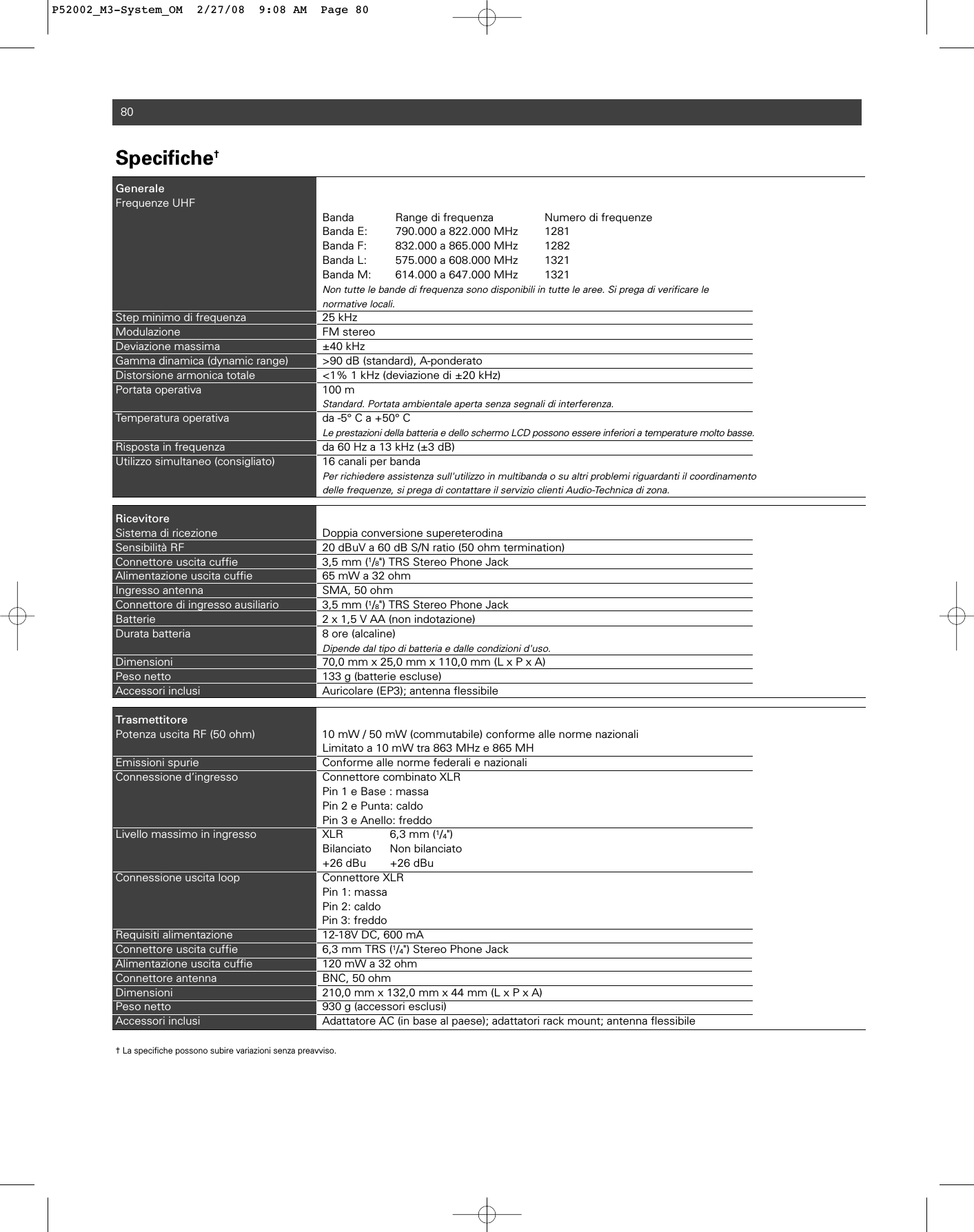 80Specifiche†GeneraleFrequenze UHFBanda Range di frequenza Numero di frequenzeBanda E: 790.000 a 822.000 MHz 1281Banda F: 832.000 a 865.000 MHz 1282Banda L: 575.000 a 608.000 MHz 1321Banda M: 614.000 a 647.000 MHz 1321Non tutte le bande di frequenza sono disponibili in tutte le aree. Si prega di verificare le normative locali.Step minimo di frequenza 25 kHzModulazione FM stereoDeviazione massima ±40 kHz Gamma dinamica (dynamic range) &gt;90 dB (standard), A-ponderato Distorsione armonica totale  &lt;1% 1 kHz (deviazione di ±20 kHz)Portata operativa 100 m Standard. Portata ambientale aperta senza segnali di interferenza. Temperatura operativa da -5° C a +50° CLe prestazioni della batteria e dello schermo LCD possono essere inferiori a temperature molto basse. Risposta in frequenza da 60 Hz a 13 kHz (±3 dB) Utilizzo simultaneo (consigliato) 16 canali per bandaPer richiedere assistenza sull&apos;utilizzo in multibanda o su altri problemi riguardanti il coordinamentodelle frequenze, si prega di contattare il servizio clienti Audio-Technica di zona.  RicevitoreSistema di ricezione Doppia conversione supereterodinaSensibilità RF 20 dBuV a 60 dB S/N ratio (50 ohm termination)Connettore uscita cuffie 3,5 mm (1/8&quot;) TRS Stereo Phone JackAlimentazione uscita cuffie 65 mW a 32 ohmIngresso antenna SMA, 50 ohm Connettore di ingresso ausiliario 3,5 mm (1/8&quot;) TRS Stereo Phone JackBatterie 2 x 1,5 V AA (non indotazione)Durata batteria 8 ore (alcaline)Dipende dal tipo di batteria e dalle condizioni d&apos;uso.Dimensioni 70,0 mm x 25,0 mm x 110,0 mm (L x P x A)Peso netto  133 g (batterie escluse)Accessori inclusi Auricolare (EP3); antenna flessibileTrasmettitorePotenza uscita RF (50 ohm) 10 mW / 50 mW (commutabile) conforme alle norme nazionaliLimitato a 10 mW tra 863 MHz e 865 MHEmissioni spurie Conforme alle norme federali e nazionaliConnessione d’ingresso Connettore combinato XLRPin 1 e Base : massaPin 2 e Punta: caldoPin 3 e Anello: freddoLivello massimo in ingresso XLR 6,3 mm (1/4&quot;) Bilanciato Non bilanciato+26 dBu +26 dBuConnessione uscita loop Connettore XLRPin 1: massa     Pin 2: caldoPin 3: freddoRequisiti alimentazione 12-18V DC, 600 mA Connettore uscita cuffie 6,3 mm TRS (1/4&quot;) Stereo Phone JackAlimentazione uscita cuffie 120 mW a 32 ohmConnettore antenna BNC, 50 ohmDimensioni 210,0 mm x 132,0 mm x 44 mm (L x P x A)Peso netto  930 g (accessori esclusi)Accessori inclusi Adattatore AC (in base al paese); adattatori rack mount; antenna flessibile† La specifiche possono subire variazioni senza preavviso.P52002_M3-System_OM  2/27/08  9:08 AM  Page 80