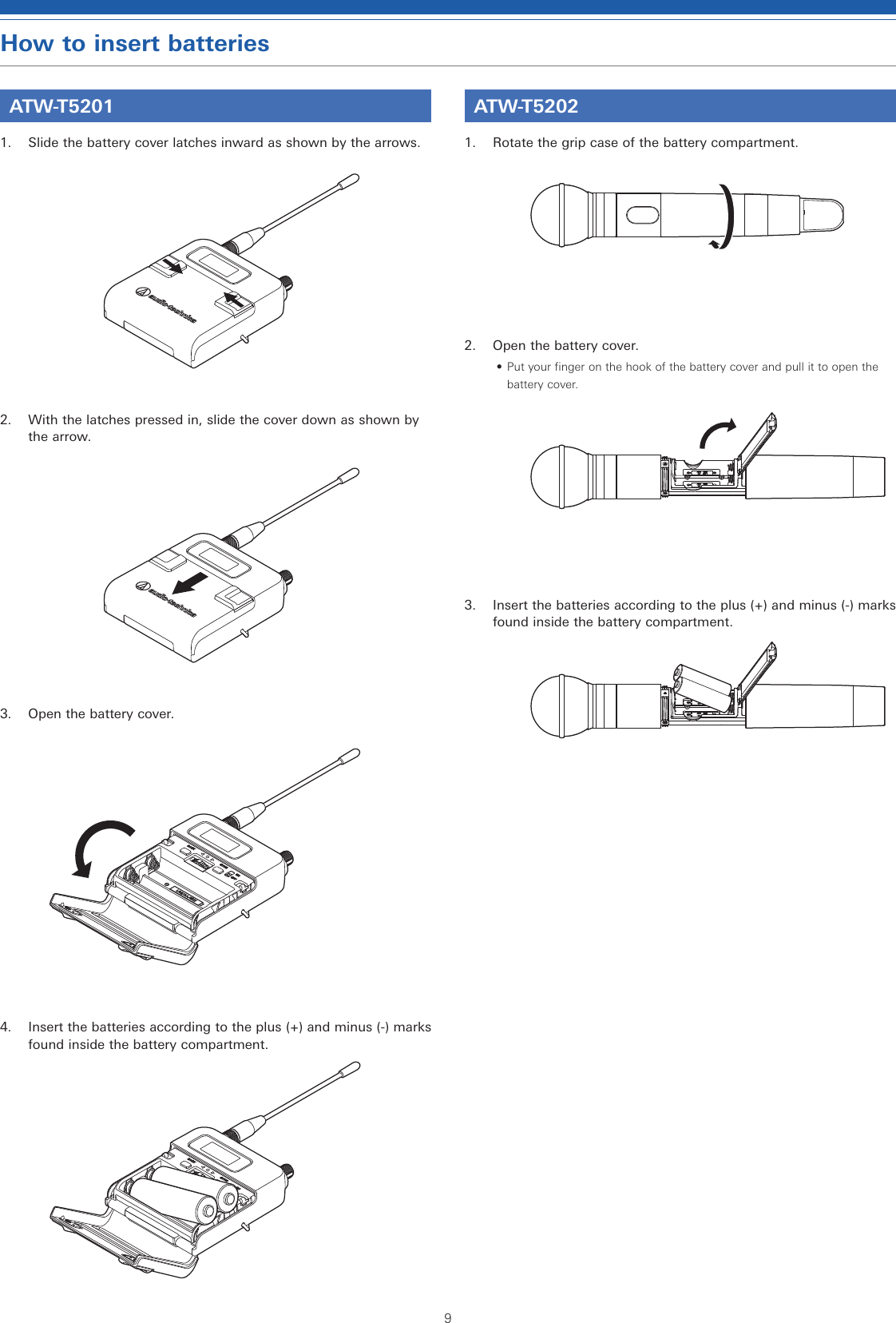 9How to insert batteriesATW-T52011.  Slide the battery cover latches inward as shown by the arrows.2.  With the latches pressed in, slide the cover down as shown by the arrow.3.  Open the battery cover.4.  Insert the batteries according to the plus (+) and minus (-) marks found inside the battery compartment.ATW-T52021.  Rotate the grip case of the battery compartment.2.  Open the battery cover.• Put your finger on the hook of the battery cover and pull it to open the battery cover.3.  Insert the batteries according to the plus (+) and minus (-) marks found inside the battery compartment.