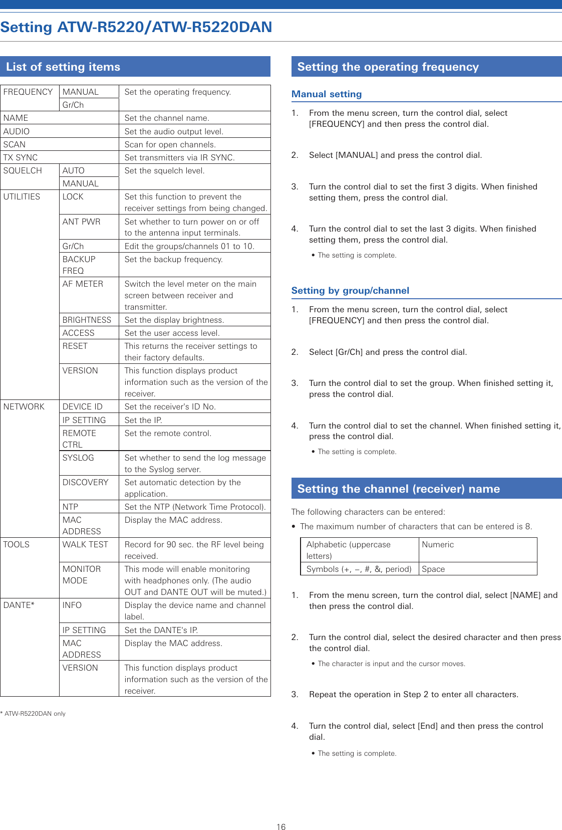 16Setting ATW-R5220/ATW-R5220DANList of setting itemsFREQUENCY MANUAL Set the operating frequency.Gr/ChNAME Set the channel name.AUDIO Set the audio output level.SCAN Scan for open channels.TX SYNC Set transmitters via IR SYNC.SQUELCH AUTO Set the squelch level.MANUALUTILITIES LOCK Set this function to prevent the receiver settings from being changed.ANT PWR Set whether to turn power on or off to the antenna input terminals.Gr/Ch Edit the groups/channels 01 to 10.BACKUP FREQSet the backup frequency.AF METER Switch the level meter on the main screen between receiver and transmitter.BRIGHTNESSSet the display brightness.ACCESS Set the user access level.RESET This returns the receiver settings to their factory defaults.VERSION This function displays product information such as the version of the receiver.NETWORK DEVICE ID Set the receiver&apos;s ID No.IP SETTING Set the IP.REMOTE CTRLSet the remote control.SYSLOG Set whether to send the log message to the Syslog server.DISCOVERY Set automatic detection by the application.NTP Set the NTP (Network Time Protocol).MAC ADDRESSDisplay the MAC address.TOOLS WALK TEST Record for 90 sec. the RF level being received.MONITOR MODEThis mode will enable monitoring with headphones only. (The audio OUT and DANTE OUT will be muted.)DANTE* INFO Display the device name and channel label.IP SETTING Set the DANTE&apos;s IP.MAC ADDRESSDisplay the MAC address.VERSION This function displays product information such as the version of the receiver.* ATW-R5220DAN onlySetting the operating frequencyManual setting1.  From the menu screen, turn the control dial, select [FREQUENCY] and then press the control dial.2.  Select [MANUAL] and press the control dial.3.  Turn the control dial to set the first 3 digits. When finished setting them, press the control dial.4.  Turn the control dial to set the last 3 digits. When finished setting them, press the control dial.• The setting is complete.Setting by group/channel1.  From the menu screen, turn the control dial, select [FREQUENCY] and then press the control dial.2.  Select [Gr/Ch] and press the control dial.3.  Turn the control dial to set the group. When finished setting it, press the control dial.4.  Turn the control dial to set the channel. When finished setting it, press the control dial.• The setting is complete.Setting the channel (receiver) nameThe following characters can be entered:•  The maximum number of characters that can be entered is 8.Alphabetic (uppercase letters)NumericSymbols (+, −, #, &amp;, period) Space1.  From the menu screen, turn the control dial, select [NAME] and then press the control dial.2.  Turn the control dial, select the desired character and then press the control dial.• The character is input and the cursor moves.3.  Repeat the operation in Step 2 to enter all characters.4.  Turn the control dial, select [End] and then press the control dial.• The setting is complete.