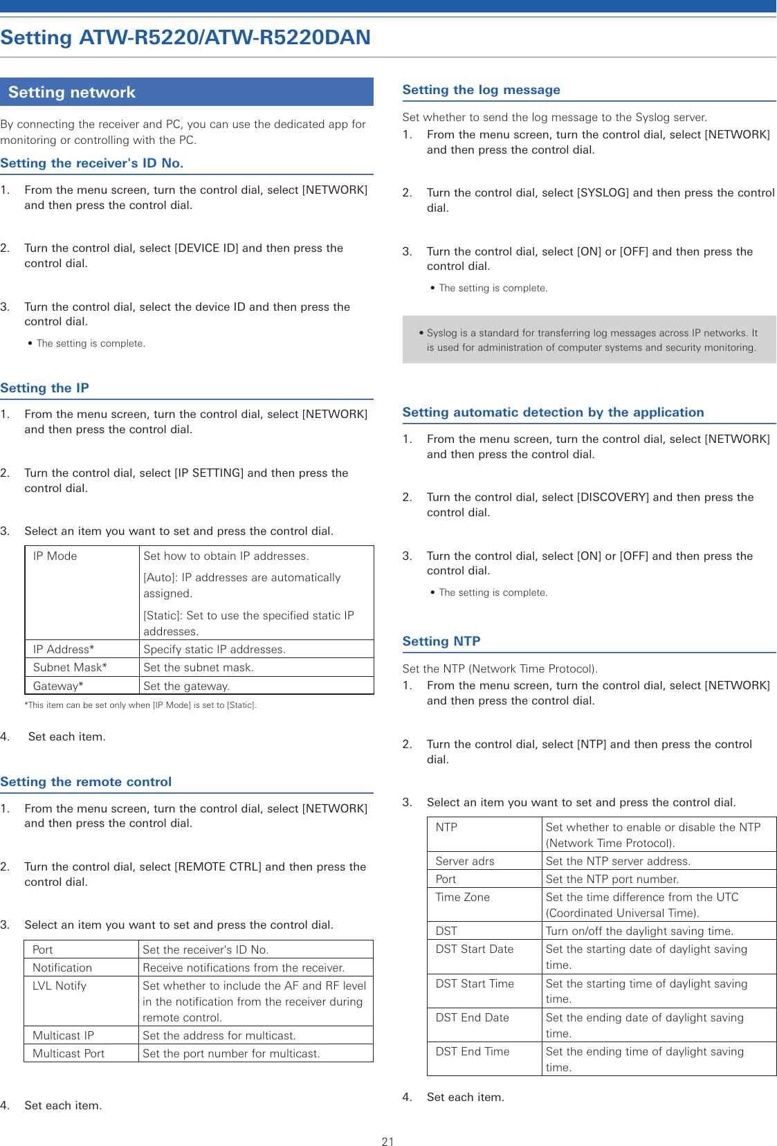 21Setting ATW-R5220/ATW-R5220DANSetting networkBy connecting the receiver and PC, you can use the dedicated app for monitoring or controlling with the PC.Setting the receiver&apos;s ID No.1.  From the menu screen, turn the control dial, select [NETWORK] and then press the control dial.2.  Turn the control dial, select [DEVICE ID] and then press the control dial.3.  Turn the control dial, select the device ID and then press the control dial.• The setting is complete.Setting the IP1.  From the menu screen, turn the control dial, select [NETWORK] and then press the control dial.2.  Turn the control dial, select [IP SETTING] and then press the control dial.3.  Select an item you want to set and press the control dial.IP Mode Set how to obtain IP addresses.[Auto]: IP addresses are automatically assigned.[Static]: Set to use the specified static IP addresses.IP Address* Specify static IP addresses.Subnet Mask* Set the subnet mask.Gateway* Set the gateway.*This item can be set only when [IP Mode] is set to [Static].4.   Set each item.Setting the remote control1.  From the menu screen, turn the control dial, select [NETWORK] and then press the control dial.2.  Turn the control dial, select [REMOTE CTRL] and then press the control dial.3.  Select an item you want to set and press the control dial.Port Set the receiver&apos;s ID No.Notification Receive notifications from the receiver.LVL Notify Set whether to include the AF and RF level in the notification from the receiver during remote control.Multicast IP Set the address for multicast.Multicast Port Set the port number for multicast.4.  Set each item.Setting the log messageSet whether to send the log message to the Syslog server.1.  From the menu screen, turn the control dial, select [NETWORK] and then press the control dial.2.  Turn the control dial, select [SYSLOG] and then press the control dial.3.  Turn the control dial, select [ON] or [OFF] and then press the control dial.• The setting is complete.• Syslog is a standard for transferring log messages across IP networks. It is used for administration of computer systems and security monitoring.Setting automatic detection by the application1.  From the menu screen, turn the control dial, select [NETWORK] and then press the control dial.2.  Turn the control dial, select [DISCOVERY] and then press the control dial.3.  Turn the control dial, select [ON] or [OFF] and then press the control dial.• The setting is complete.Setting NTPSet the NTP (Network Time Protocol).1.  From the menu screen, turn the control dial, select [NETWORK] and then press the control dial.2.  Turn the control dial, select [NTP] and then press the control dial.3.  Select an item you want to set and press the control dial.NTP Set whether to enable or disable the NTP (Network Time Protocol).Server adrs Set the NTP server address.Port Set the NTP port number.Time Zone Set the time difference from the UTC (Coordinated Universal Time).DST Turn on/off the daylight saving time.DST Start Date Set the starting date of daylight saving time.DST Start Time Set the starting time of daylight saving time.DST End Date Set the ending date of daylight saving time.DST End Time Set the ending time of daylight saving time.4.  Set each item.