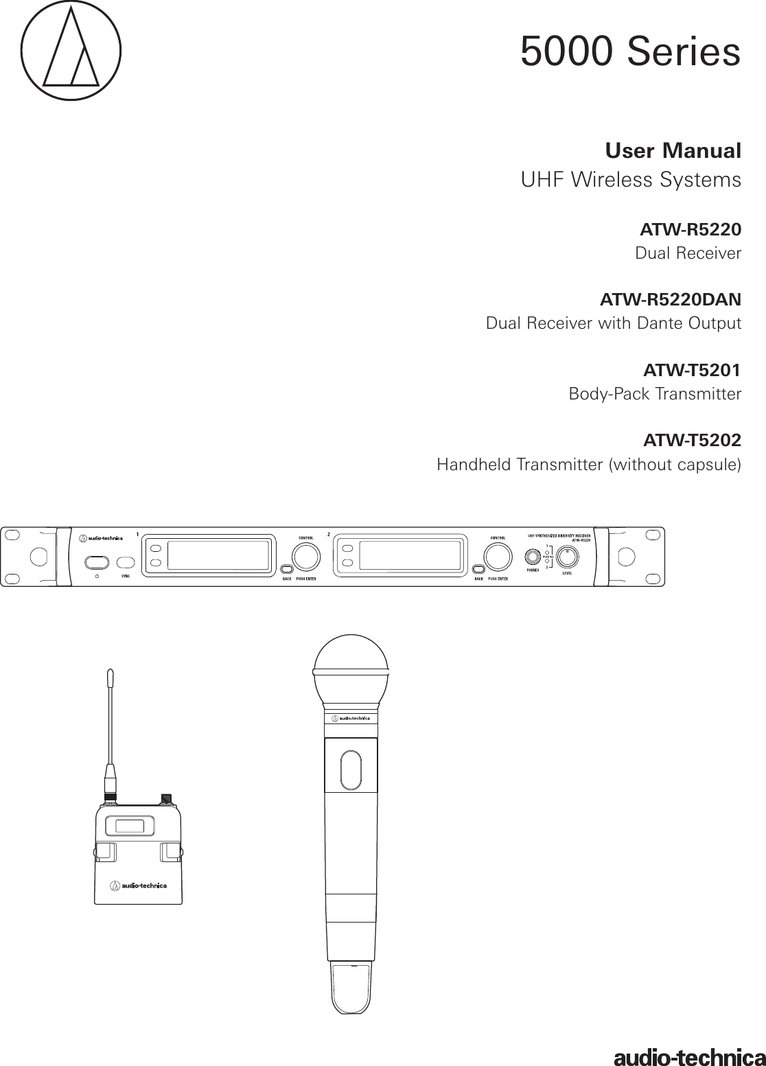 User ManualUHF Wireless SystemsATW-R5220Dual ReceiverATW-R5220DANDual Receiver with Dante OutputATW-T5201Body-Pack TransmitterATW-T5202Handheld Transmitter (without capsule)5000 Series