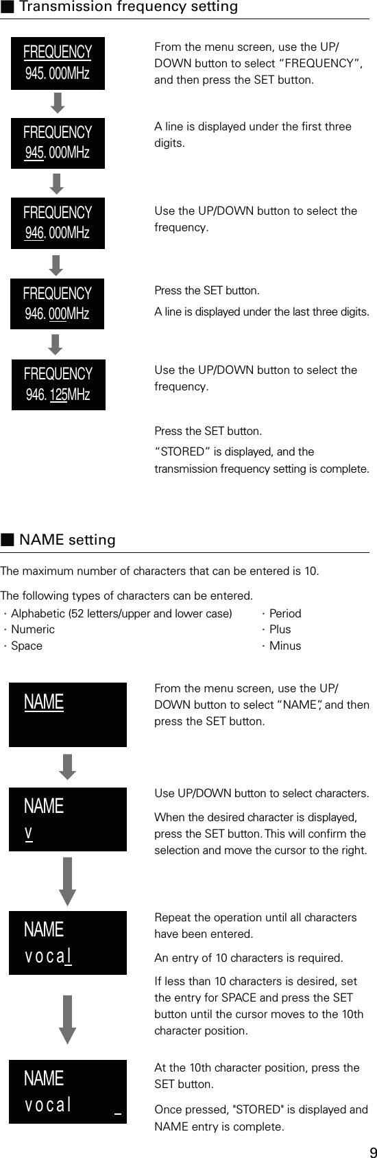 9From the menu screen, use the UP/DOWN button to select “FREQUENCY”, and then press the SET button.From the menu screen, use the UP/DOWN button to select “NAME”, and then press the SET button.A line is displayed under the rst three digits.Use UP/DOWN button to select characters.When the desired character is displayed, press the SET button. This will conrm the selection and move the cursor to the right.Use the UP/DOWN button to select the frequency.Repeat the operation until all characters have been entered.An entry of 10 characters is required.If less than 10 characters is desired, set the entry for SPACE and press the SET button until the cursor moves to the 10th character position.Use the UP/DOWN button to select the frequency.Press the SET button.A line is displayed under the last three digits.At the 10th character position, press the SET button.Once pressed, &quot;STORED&quot; is displayed and NAME entry is complete.Press the SET button.“STORED” is displayed, and the transmission frequency setting is complete.The maximum number of characters that can be entered is 10.The following types of characters can be entered.・Alphabetic (52 letters/upper and lower case) ・Period・Numeric ・Plus・Space ・MinusFREQUENCY945. 000MHzFREQUENCY945. 000MHzFREQUENCY946. 000MHzFREQUENCY946. 000MHzFREQUENCY946. 125MHzNAMENAMEvNAMEv o c a lNAMEv o c a l■ Transmission frequency setting■ NAME setting