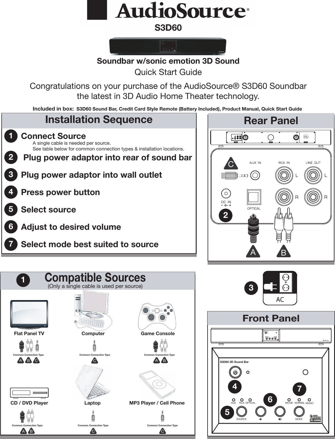 Page 1 of 1 - Audiosource Audiosource-Audiosource-Speaker-Audiosource-Soundbar-W-Sonic-Emotion-3D-Sound-Users-Manual- S3d60 Quick Start V2  Audiosource-audiosource-speaker-audiosource-soundbar-w-sonic-emotion-3d-sound-users-manual