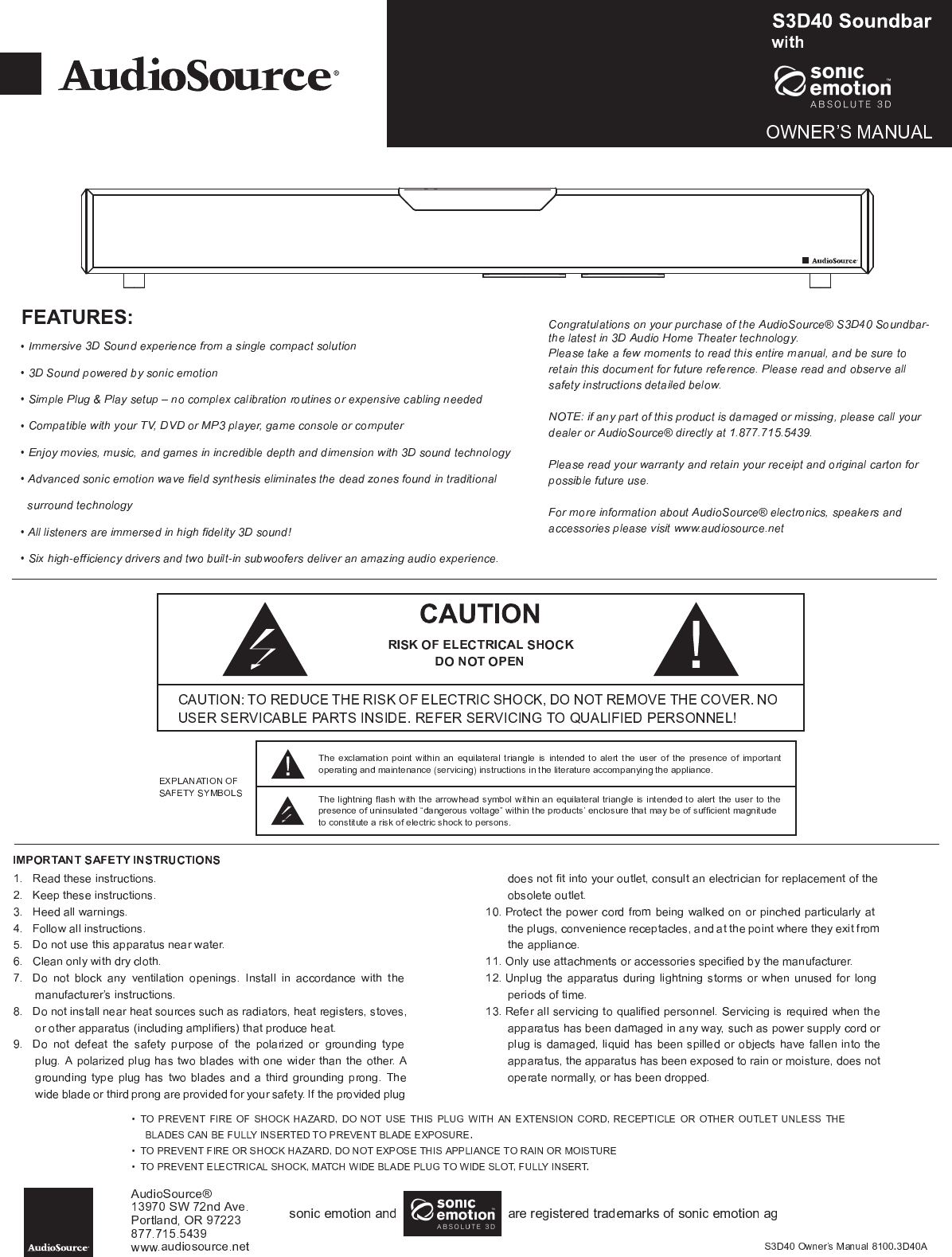 Page 1 of 8 - Audiosource Audiosource-Soundbar-With-Sonic-Emotion-3D-Sound-S3D40-Users-Manual- S3D40 Manual 112612  Audiosource-soundbar-with-sonic-emotion-3d-sound-s3d40-users-manual
