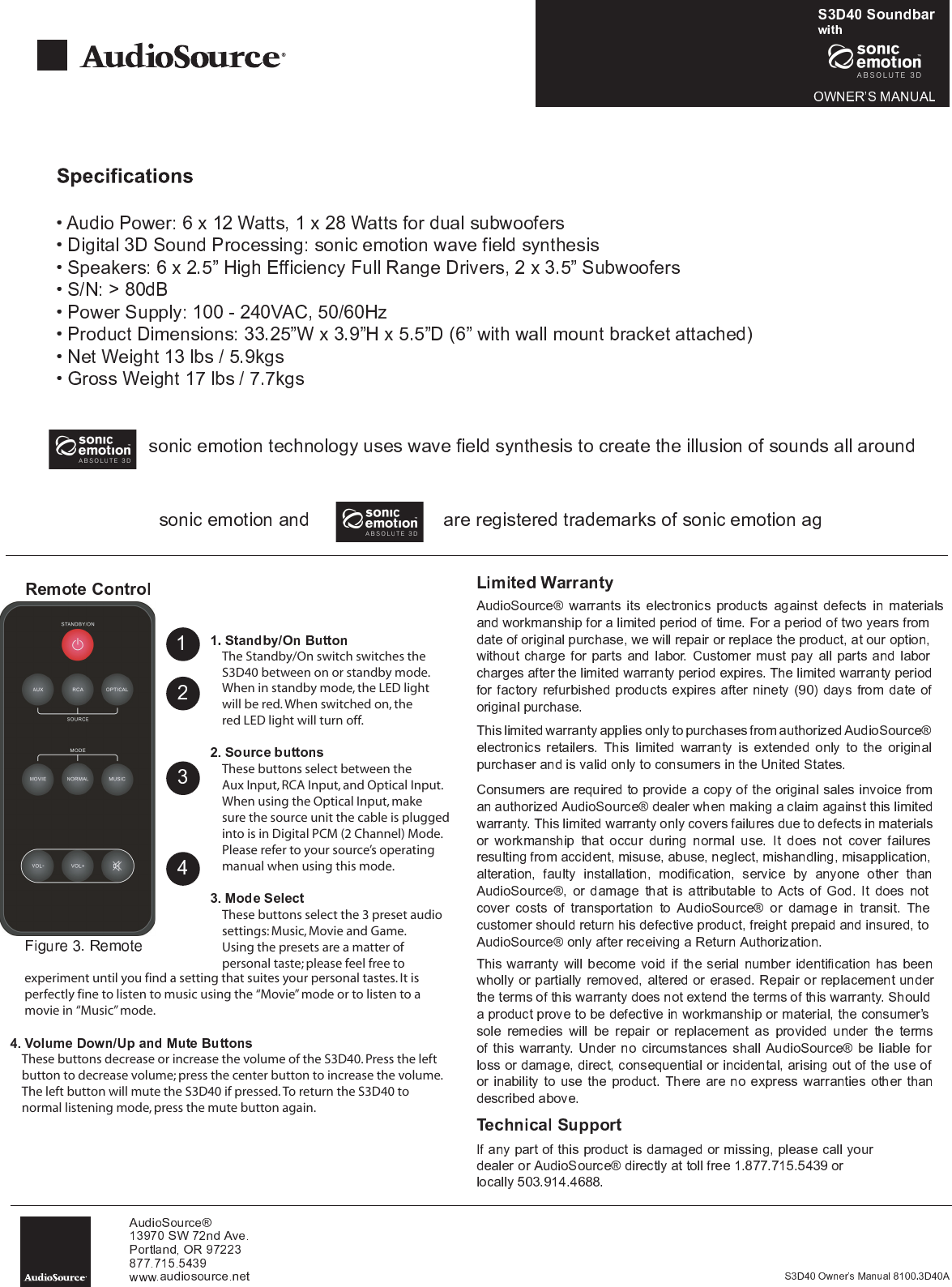 Page 3 of 8 - Audiosource Audiosource-Soundbar-With-Sonic-Emotion-3D-Sound-S3D40-Users-Manual- S3D40 Manual 112612  Audiosource-soundbar-with-sonic-emotion-3d-sound-s3d40-users-manual