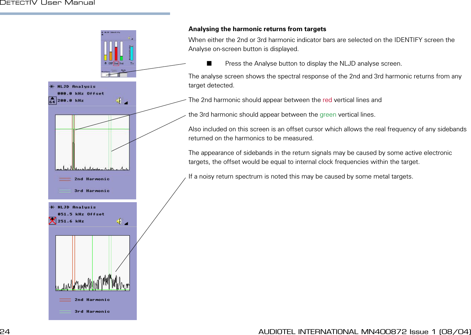 24 AUDIOTEL INTERNATIONAL MN400872 Issue 1 (08/04) DETECTIV User ManualAUDIOTEL INTERNATIONAL MN400872 Issue 1 (08/04)  25Analysing the harmonic returns from targetsWhen either the 2nd or 3rd harmonic indicator bars are selected on the IDENTIFY screen the Analyse on-screen button is displayed.       Press the Analyse button to display the NLJD analyse screen.The analyse screen shows the spectral response of the 2nd and 3rd harmonic returns from any target detected.The 2nd harmonic should appear between the red vertical lines and the 3rd harmonic should appear between the green vertical lines.Also included on this screen is an offset cursor which allows the real frequency of any sidebands returned on the harmonics to be measured.The appearance of sidebands in the return signals may be caused by some active electronic targets, the offset would be equal to internal clock frequencies within the target.If a noisy return spectrum is noted this may be caused by some metal targets.