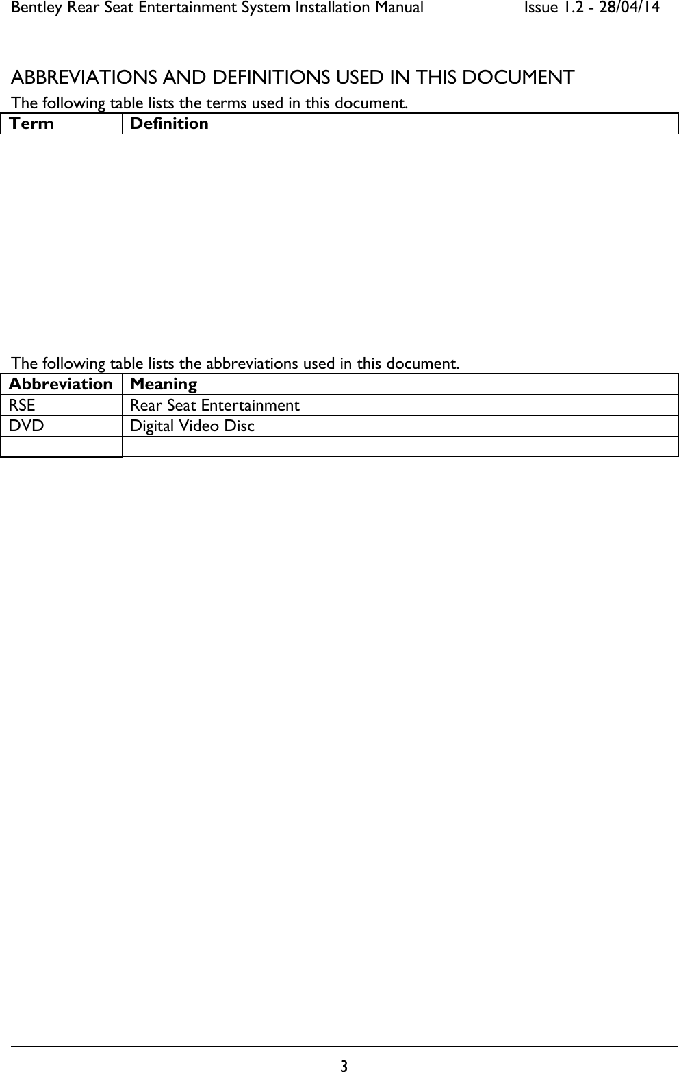 Bentley Rear Seat Entertainment System Installation Manual     Issue 1.2 - 28/04/14  3  ABBREVIATIONS AND DEFINITIONS USED IN THIS DOCUMENT The following table lists the terms used in this document. Term Definition            The following table lists the abbreviations used in this document. Abbreviation Meaning RSE Rear Seat Entertainment DVD Digital Video Disc    