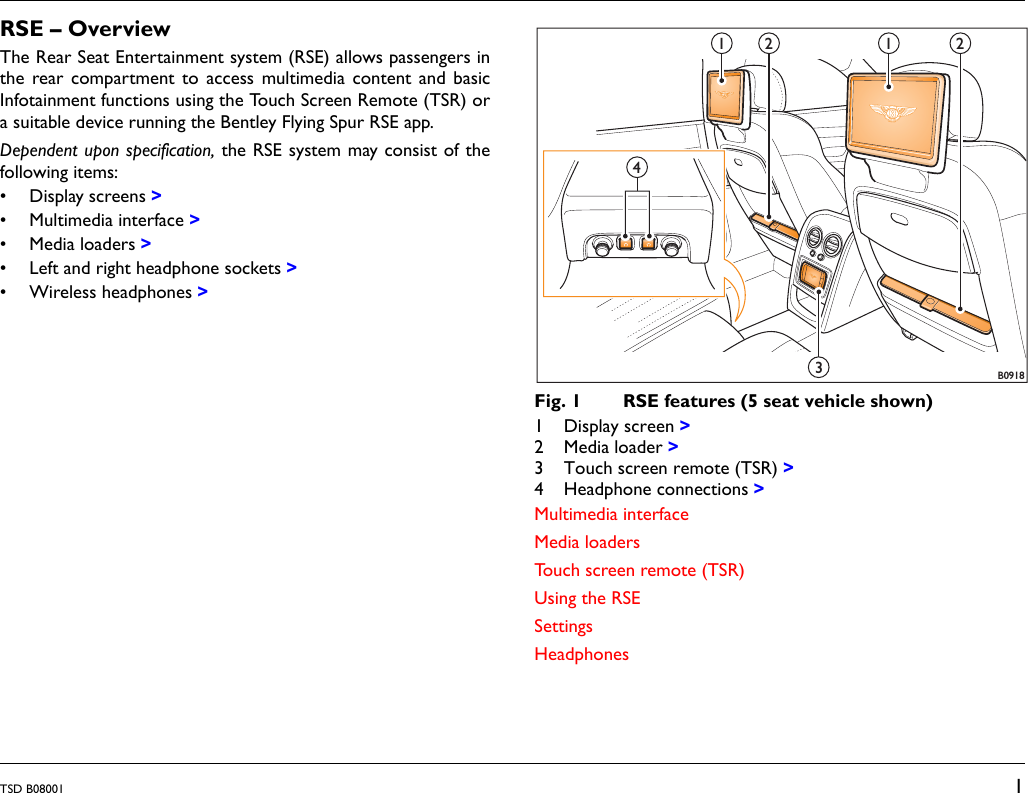 TSD B08001 1RSE – OverviewThe Rear Seat Entertainment system (RSE) allows passengers inthe rear compartment to access multimedia content and basicInfotainment functions using the Touch Screen Remote (TSR) ora suitable device running the Bentley Flying Spur RSE app.Dependent upon specification, the RSE system may consist of thefollowing items:• Display screens &gt;• Multimedia interface &gt;• Media loaders &gt;• Left and right headphone sockets &gt;• Wireless headphones &gt;Fig. 1 RSE features (5 seat vehicle shown)1 Display screen &gt;2 Media loader &gt;3 Touch screen remote (TSR) &gt;4 Headphone connections &gt;Multimedia interfaceMedia loadersTouch screen remote (TSR)Using the RSESettingsHeadphones1 2 1324B0918