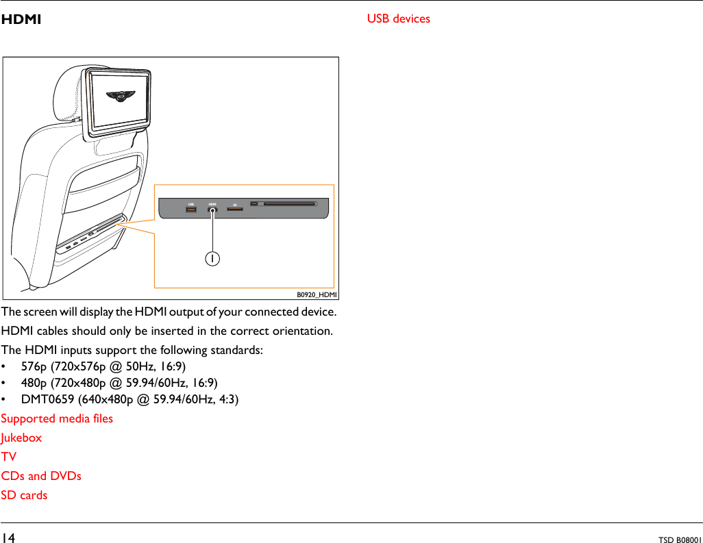 14 TSD B08001HDMIThe screen will display the HDMI output of your connected device.HDMI cables should only be inserted in the correct orientation.The HDMI inputs support the following standards:• 576p (720x576p @ 50Hz, 16:9) • 480p (720x480p @ 59.94/60Hz, 16:9) • DMT0659 (640x480p @ 59.94/60Hz, 4:3) Supported media filesJukeboxTVCDs and DVDsSD cardsUSB devicesB0920_HDMIUSB HDMI SD1