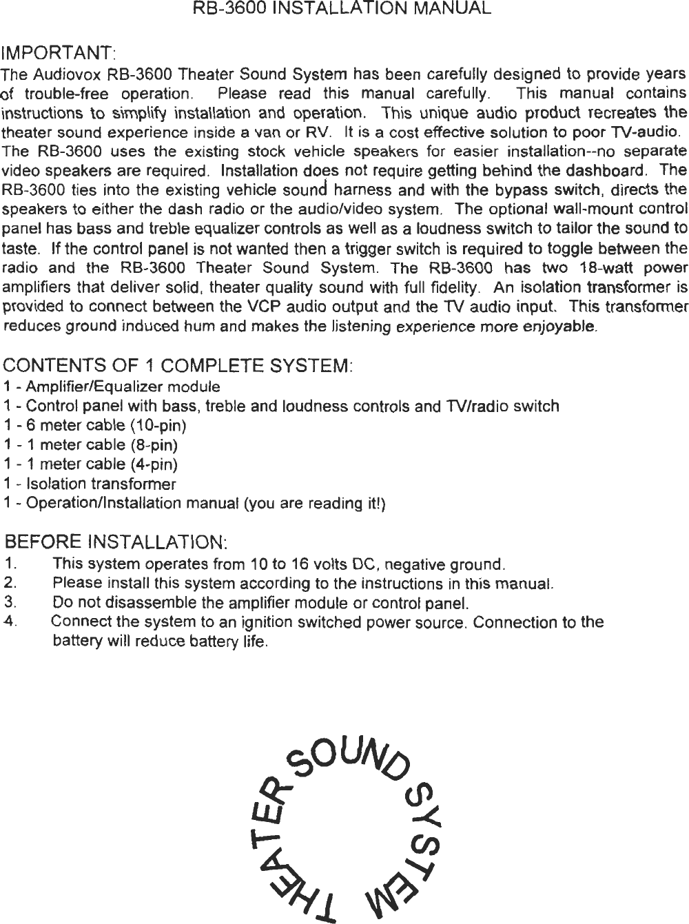 Page 2 of 6 - Audiovox Audiovox-Rb3600-Users-Manual- RB-3600  Audiovox-rb3600-users-manual