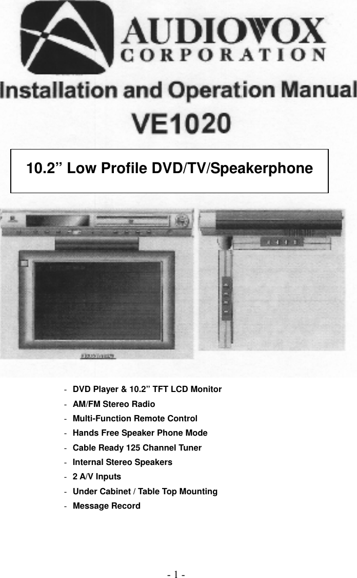 Audiovox Ve1020 Users Manual 1287026a