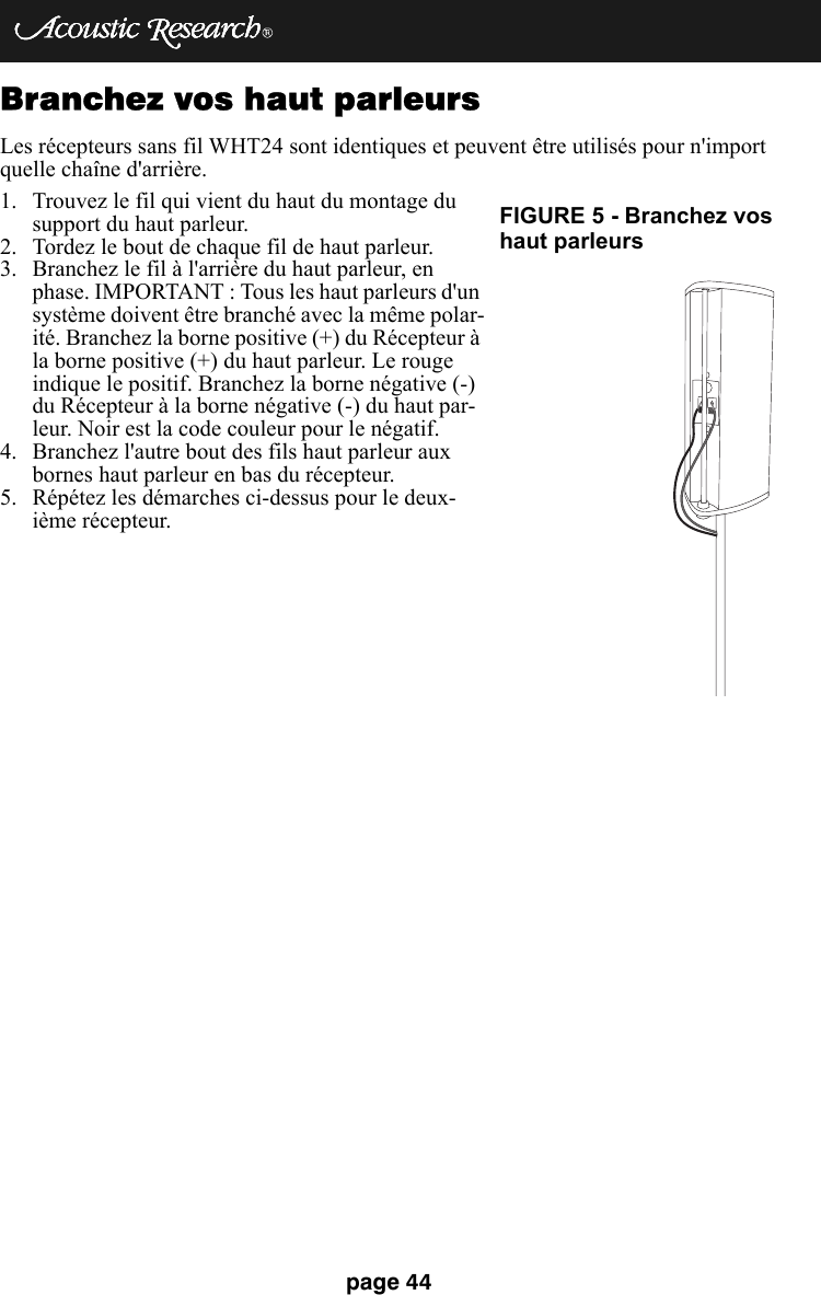 page 44Branchez vos haut parleursLes récepteurs sans fil WHT24 sont identiques et peuvent être utilisés pour n&apos;import quelle chaîne d&apos;arrière. 1. Trouvez le fil qui vient du haut du montage du support du haut parleur.2. Tordez le bout de chaque fil de haut parleur.3. Branchez le fil à l&apos;arrière du haut parleur, en phase. IMPORTANT : Tous les haut parleurs d&apos;un système doivent être branché avec la même polar-ité. Branchez la borne positive (+) du Récepteur à la borne positive (+) du haut parleur. Le rouge indique le positif. Branchez la borne négative (-) du Récepteur à la borne négative (-) du haut par-leur. Noir est la code couleur pour le négatif. 4. Branchez l&apos;autre bout des fils haut parleur aux bornes haut parleur en bas du récepteur.5. Répétez les démarches ci-dessus pour le deux-ième récepteur.FIGURE 5 - Branchez voshaut parleurs 