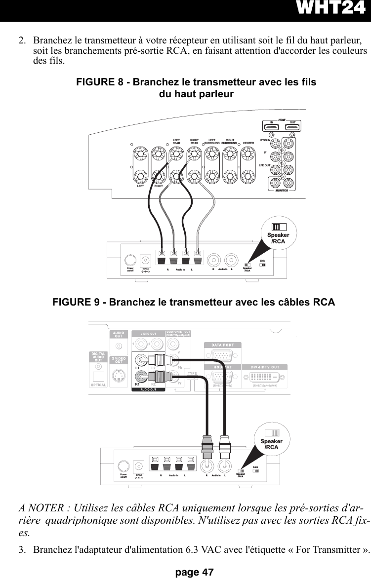 WHT24page 472. Branchez le transmetteur à votre récepteur en utilisant soit le fil du haut parleur, soit les branchements pré-sortie RCA, en faisant attention d&apos;accorder les couleurs des fils. A NOTER : Utilisez les câbles RCA uniquement lorsque les pré-sorties d&apos;ar-rière  quadriphonique sont disponibles. N&apos;utilisez pas avec les sorties RCA fix-es.3. Branchez l&apos;adaptateur d&apos;alimentation 6.3 VAC avec l&apos;étiquette « For Transmitter ».Poweron/off 6.3VAC+R Audio In L R Audio In L Speaker/RCALinkSpeaker/RCAHDMIIN OUTMONITORiPOD INIFLFE OUTLEFT RIGHTLEFTREARRIGHTREARLEFTSURROUNDRIGHTSURROUND CENTERFIGURE 8 - Branchez le transmetteur avec les fils                              du haut parleur Poweron/off 6.3VAC+Speaker/RCALinkSpeaker/RCAR Audio In L R Audio In LFIGURE 9 - Branchez le transmetteur avec les câbles RCA 