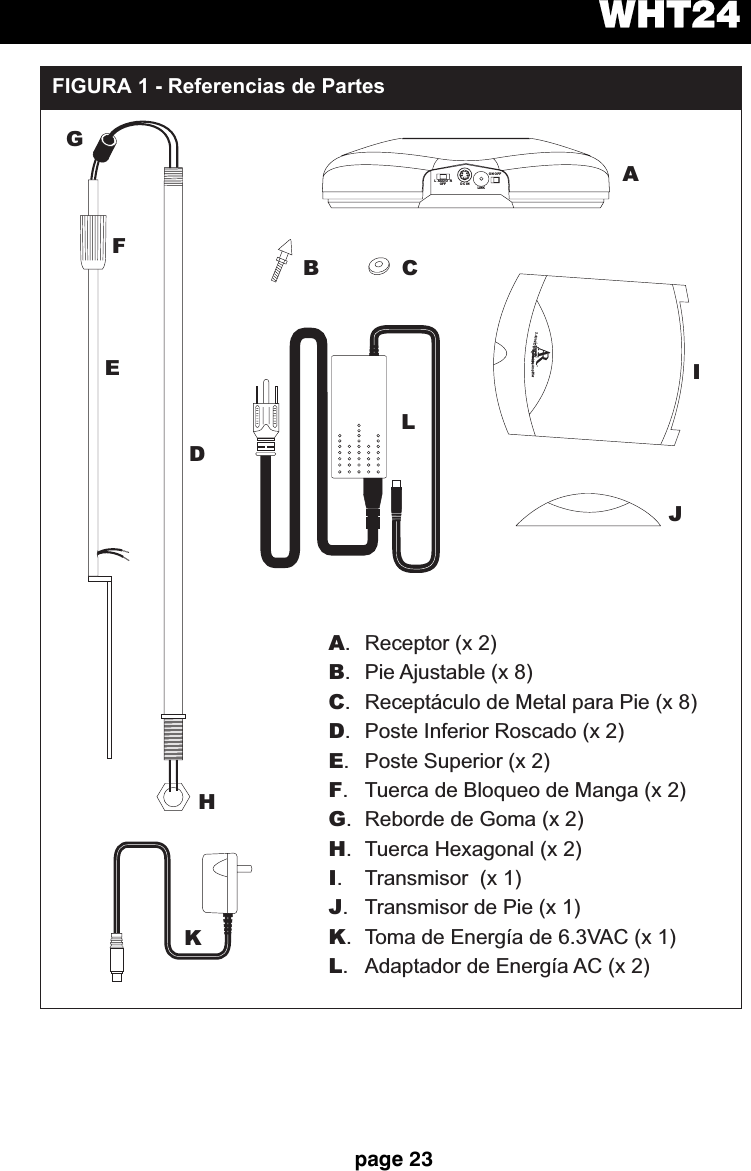 WHT24page 23LRDC INON OFFLINK2.4GHzDigitalWirelessAmplifierABCDEFGHIJKLABCDEFGHIJKL. Receptor (x 2). Pie Ajustable (x 8). Receptáculo de Metal para Pie (x 8). Poste Inferior Roscado (x 2). Poste Superior (x 2). Tuerca de Bloqueo de Manga (x 2). Reborde de Goma (x 2). Tuerca Hexagonal (x 2). Transmisor (x 1). Transmisor de Pie (x 1). Toma de Energía de 6.3VAC (x 1). Adaptador de Energía AC (x 2)AUDIOOFFFIGURA 1 - Referencias de Partes