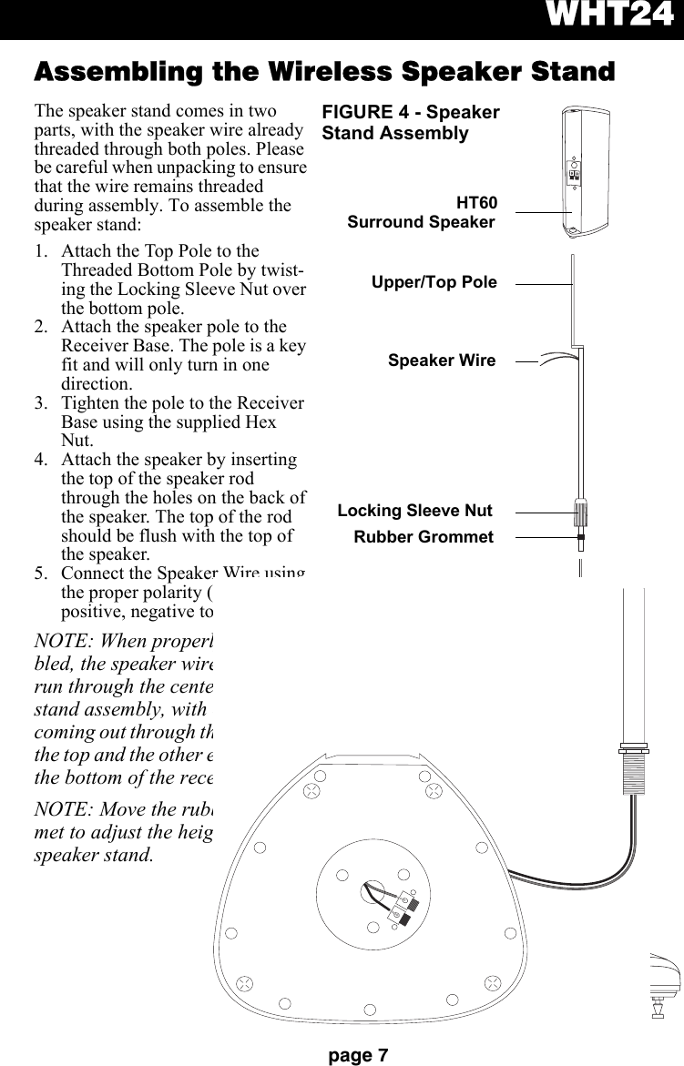 WHT24page 7Assembling the Wireless Speaker StandThe speaker stand comes in two parts, with the speaker wire already threaded through both poles. Please be careful when unpacking to ensure that the wire remains threaded during assembly. To assemble the speaker stand:1. Attach the Top Pole to the Threaded Bottom Pole by twist-ing the Locking Sleeve Nut over the bottom pole.2. Attach the speaker pole to the Receiver Base. The pole is a key fit and will only turn in one direction.3. Tighten the pole to the Receiver Base using the supplied Hex Nut.4. Attach the speaker by inserting the top of the speaker rod through the holes on the back of the speaker. The top of the rod should be flush with the top of the speaker.5. Connect the Speaker Wire using the proper polarity (positive to positive, negative to negative).NOTE: When properly assem-bled, the speaker wires should run through the center of the stand assembly, with one end coming out through the hole near the top and the other end through the bottom of the receiver.NOTE: Move the rubber grom-met to adjust the height of the speaker stand.LRDCINON OFFLINKAUDIOOFFHT60  Hex NutThreaded Speaker WireSpeaker WireReceiver BaseSurround SpeakerLocking Sleeve NutRubber GrommetUpper/Top PoleFIGURE 4 - SpeakerStand AssemblyBottom Pole