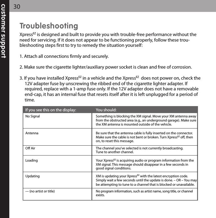 TroubleshootingXpressEZ is designed and built to provide you with trouble-free performance without theneed for servicing. If it does not appear to be functioning properly, follow these trou-bleshooting steps first to try to remedy the situation yourself:1. Attach all connections firmly and securely.2. Make sure the cigarette lighter/auxiliary power socket is clean and free of corrosion.3. If you have installed XpressEZ in a vehicle and the XpressEZ does not power on, check the 12V adapter fuse by unscrewing the ribbed end of the cigarette lighter adapter. If          required, replace with a 1-amp fuse only. If the 12V adapter does not have a removable end-cap, it has an internal fuse that resets itself after it is left unplugged for a period of time.customer support30If you see this on the display: You should:No Signal  Something is blocking the XM signal. Move your XM antenna away  from the obstructed area (e.g., an underground garage). Make surethe XM antenna is mounted outside of the vehicle.Antenna  Be sure that the antenna cable is fully inserted on the connector. Make sure the cable is not bent or broken. Turn XpressEZ off, then on, to reset this message.Off Air The channel you’ve selected is not currently broadcasting.Tune to another channel.Loading Your XpressEZ is acquiring audio or program information from the XM signal. This message should disappear in a few seconds in good signal conditions.Updating XM is updating your XpressEZ with the latest encryption code. Simply wait a few seconds until the update is done. – OR – You maybe attempting to tune to a channel that is blocked or unavailable.--- (no artist or title) No program information, such as artist name, song title, or channel  exists.