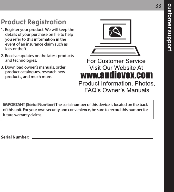 customer support33Product Registration1. Register your product. We will keep thedetails of your purchase on file to helpyou refer to this information in theevent of an insurance claim such asloss or theft.2. Receive updates on the latest productsand technologies.3. Download owner’s manuals, orderproduct catalogues, research newproducts, and much more.Serial Number: IIMMPPOORRTTAANNTT ((SSeerriiaall NNuummbbeerr))The serial number of this device is located on the backof this unit. For your own security and convenience, be sure to record this number forfuture warranty claims.  