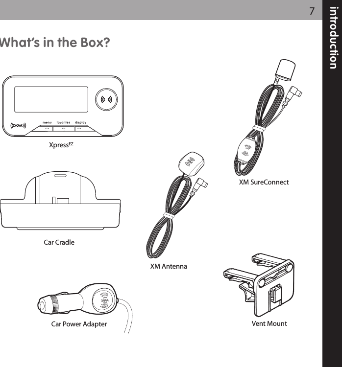 What’s in the Box?introduction7Car Power AdapterXM SureConnectVent MountXpressEZCar CradleXM Antenna