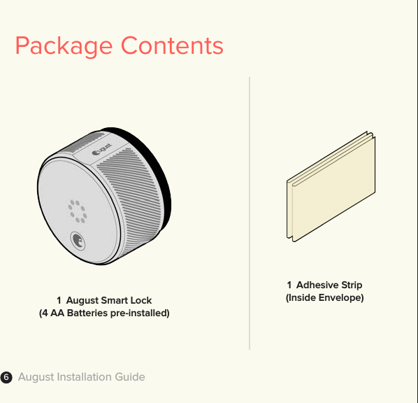 August Installation Guide61  August Smart Lock(4 AA Batteries pre-installed)1  Adhesive Strip(Inside Envelope)Package Contents