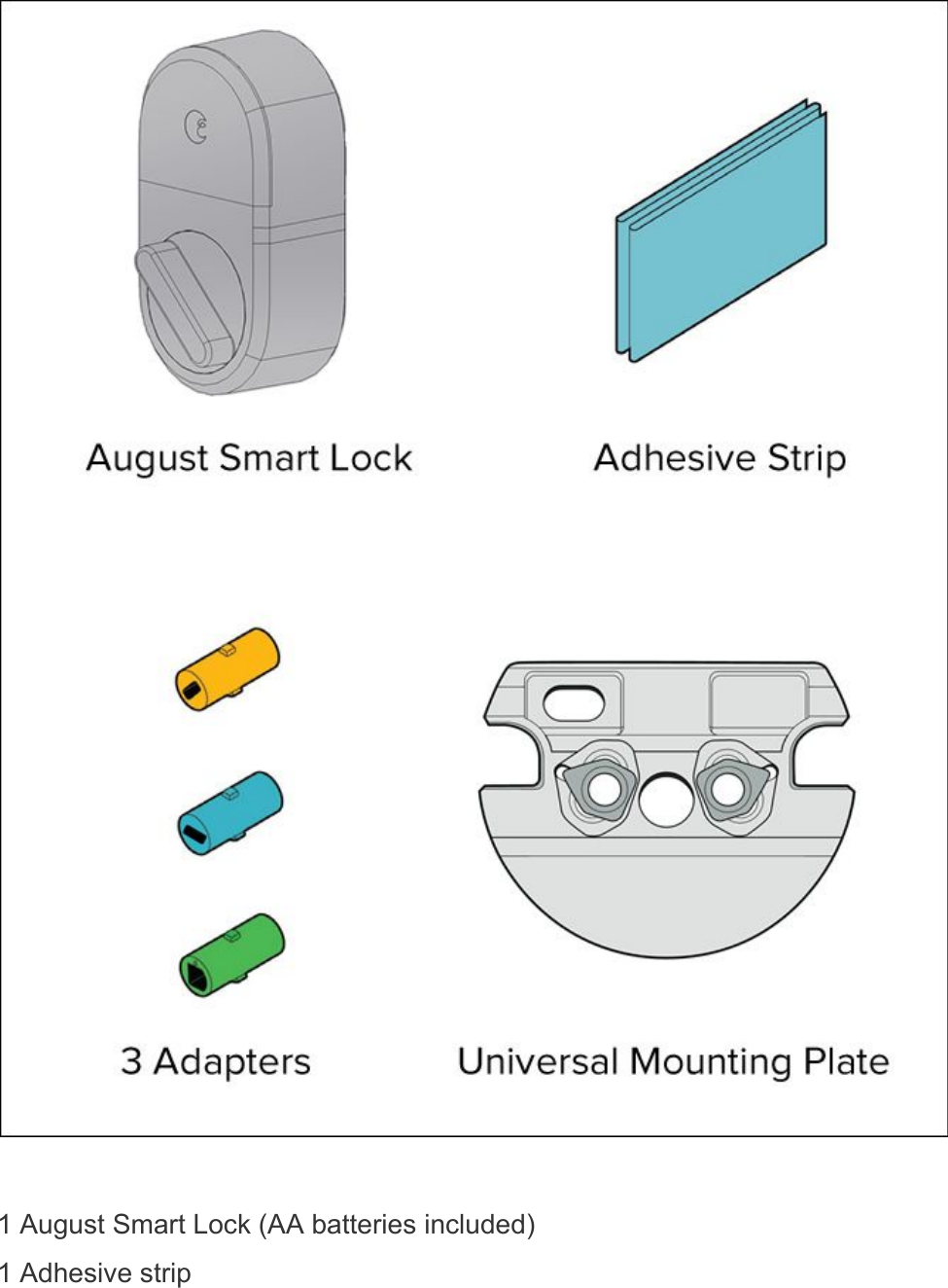   1 August Smart Lock (AA batteries included) 1 Adhesive strip 