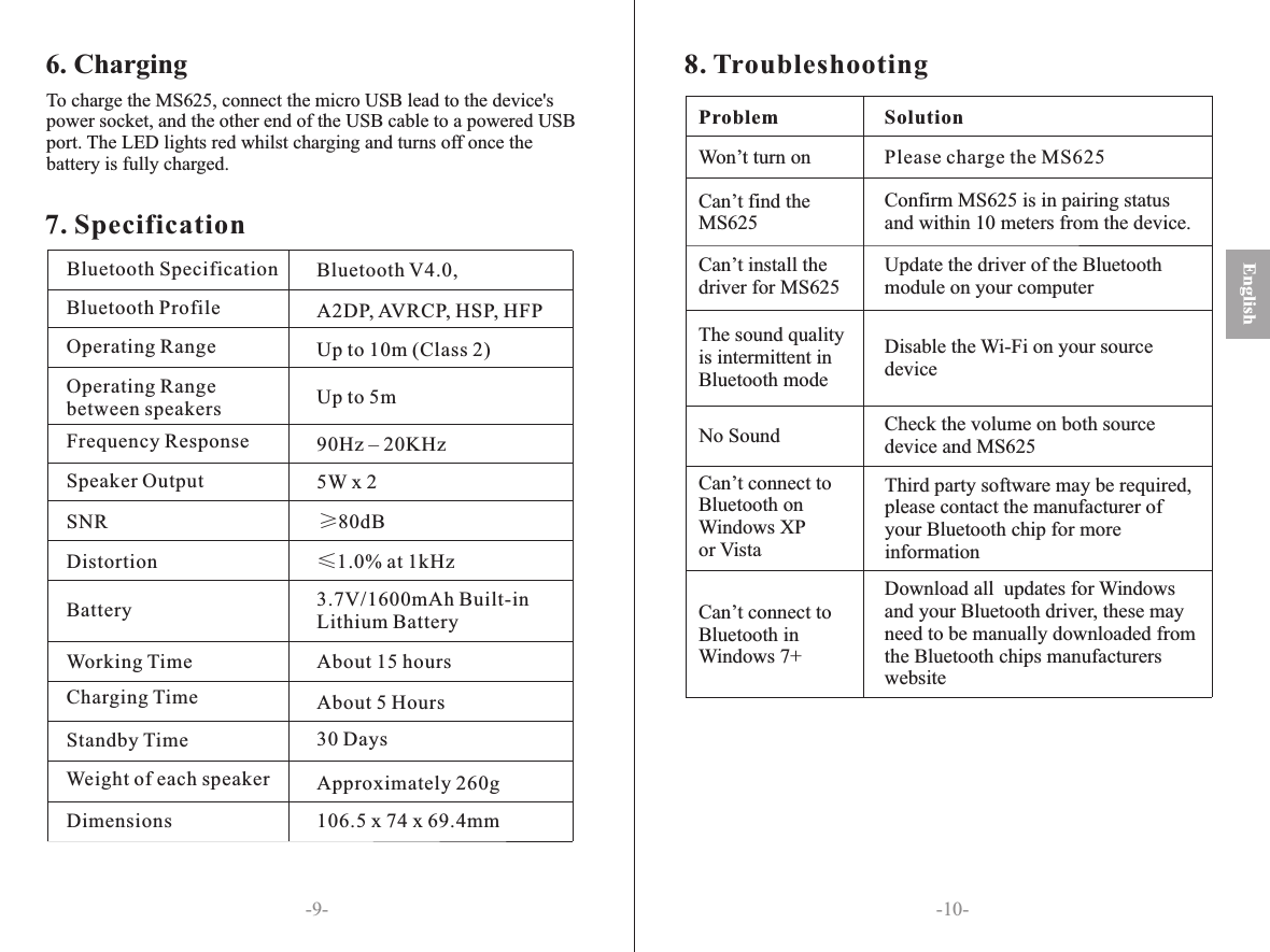 -10--9-EnglishAbout 5 Hours7. Specification30 DaysBluetooth V4.0,A2DP, AVRCP, HSP, HFPUp to 10m (Class 2)Up to 5m90Hz – 20KHz5W x 2≥80dB≤1.0% at 1kHz3.7V/1600mAh Built-inLithium BatteryAbout 15 hoursBluetooth SpecificationBluetooth ProfileOperating RangeOperating Range between speakersFrequency ResponseSpeaker OutputSNRDistortionBatteryWorking TimeCharging TimeStandby TimeApproximately 260g106.5 x 74 x 69.4mmWeight of each speakerDimensions8. TroubleshootingUpdate the driver of the Bluetooth module on your computerProblemWon’t turn onCan’t find the MS625Can’t install the driver for MS625SolutionPlease charge the MS625Confirm MS625 is in pairing status and within 10 meters from the device.The sound quality is intermittent in Bluetooth modeDisable the Wi-Fi on your source deviceNo Sound Check the volume on both source device and MS625Can’t connect to Bluetooth on Windows XP or VistaCan’t connect to Bluetooth in Windows 7+Third party software may be required, please contact the manufacturer of your Bluetooth chip for more informationDownload all  updates for Windows and your Bluetooth driver, these may need to be manually downloaded from the Bluetooth chips manufacturers websiteTo charge the MS625, connect the micro USB lead to the device&apos;s power socket, and the other end of the USB cable to a powered USB port. The LED lights red whilst charging and turns off once the battery is fully charged.6. Charging