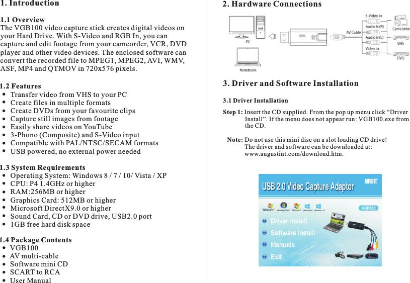 August VGB100 USB 2.0 Video Capture Stick User Manual