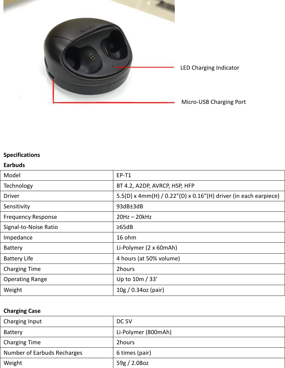   Specifications Earbuds Model EP-T1 Technology BT 4.2, A2DP, AVRCP, HSP, HFP Driver 5.5(D) x 4mm(H) / 0.22”(D) x 0.16”(H) driver (in each earpiece) Sensitivity 93dB±3dB Frequency Response 20Hz – 20kHz Signal-to-Noise Ratio ≥65dB Impedance 16 ohm Battery Li-Polymer (2 x 60mAh) Battery Life 4 hours (at 50% volume) Charging Time 2hours Operating Range Up to 10m / 33’ Weight 10g / 0.34oz (pair)  Charging Case Charging Input DC 5V Battery Li-Polymer (800mAh) Charging Time 2hours Number of Earbuds Recharges 6 times (pair) Weight 59g / 2.08oz     LED Charging Indicator   Micro-USB Charging Port 