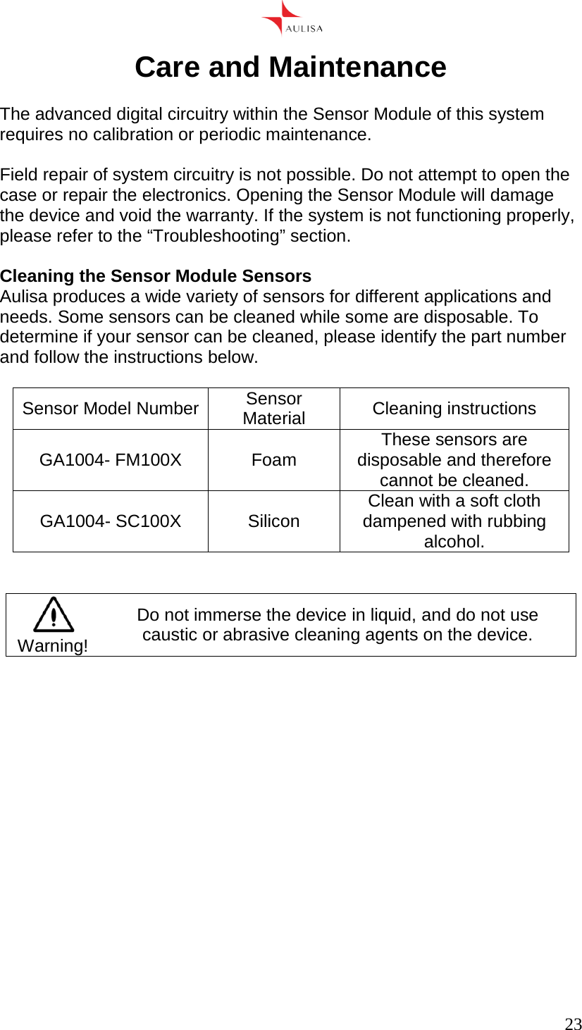      23  Care and Maintenance  The advanced digital circuitry within the Sensor Module of this system requires no calibration or periodic maintenance.  Field repair of system circuitry is not possible. Do not attempt to open the case or repair the electronics. Opening the Sensor Module will damage the device and void the warranty. If the system is not functioning properly, please refer to the “Troubleshooting” section.  Cleaning the Sensor Module Sensors  Aulisa produces a wide variety of sensors for different applications and needs. Some sensors can be cleaned while some are disposable. To determine if your sensor can be cleaned, please identify the part number and follow the instructions below.  Sensor Model Number Sensor Material Cleaning instructions GA1004- FM100X Foam These sensors are disposable and therefore cannot be cleaned. GA1004- SC100X Silicon Clean with a soft cloth dampened with rubbing alcohol.    Warning! Do not immerse the device in liquid, and do not use caustic or abrasive cleaning agents on the device.      