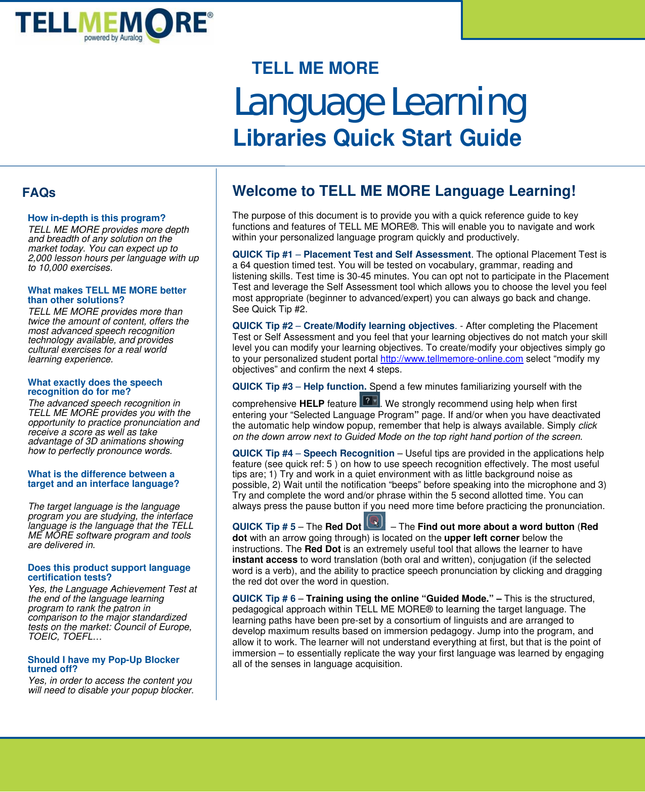 Page 1 of 6 - Auralog Auralog-Tell-Me-More-Language-Learning-Quick-Start-Manual Libraries_QuickStartGuide