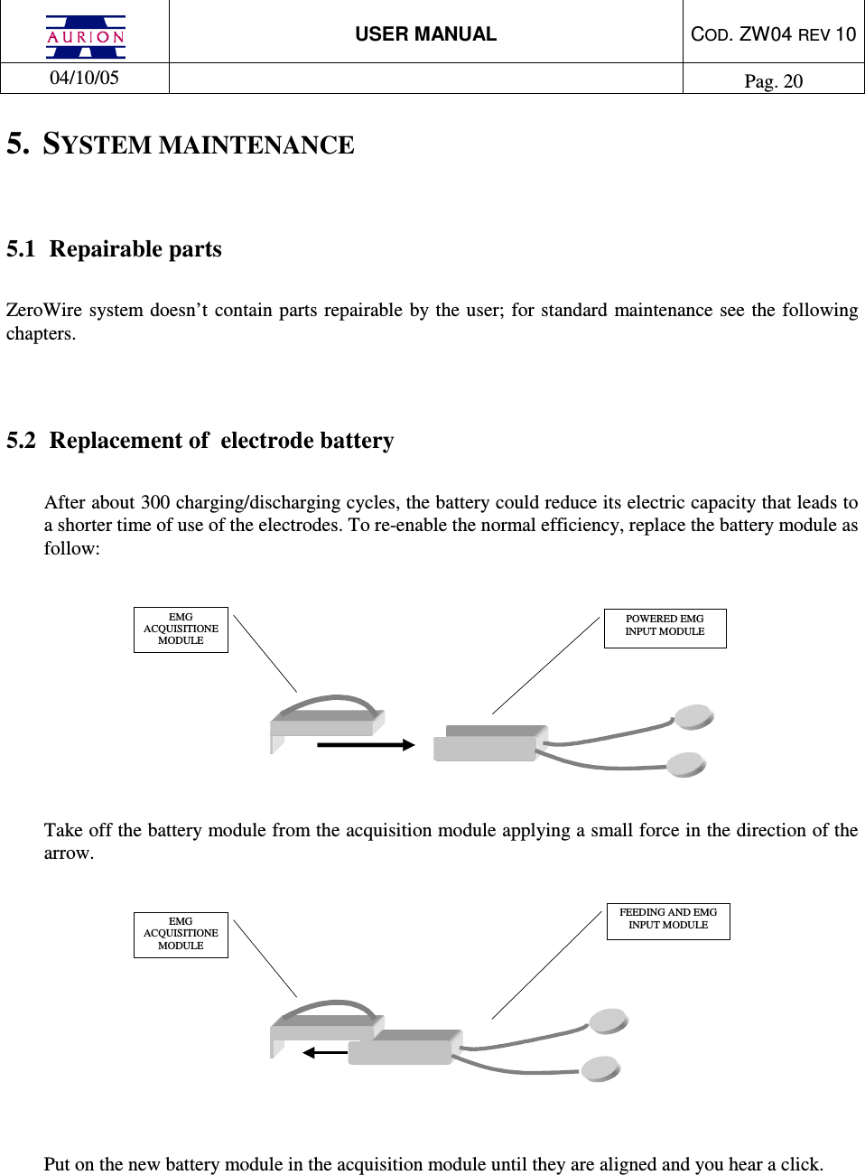  USER MANUAL  COD. ZW04 REV 10  04/10/05    Pag. 20  5.  SYSTEM MAINTENANCE  5.1  Repairable parts  ZeroWire system  doesn’t  contain parts repairable by the user; for  standard maintenance  see the following chapters.    5.2  Replacement of  electrode battery  After about 300 charging/discharging cycles, the battery could reduce its electric capacity that leads to a shorter time of use of the electrodes. To re-enable the normal efficiency, replace the battery module as follow:   EMG ACQUISITIONE MODULE    POWERED EMG INPUT MODULE   Take off the battery module from the acquisition module applying a small force in the direction of the arrow.   EMGACQUISITIONEMODULEFEEDING AND EMGINPUT MODULE   Put on the new battery module in the acquisition module until they are aligned and you hear a click.     
