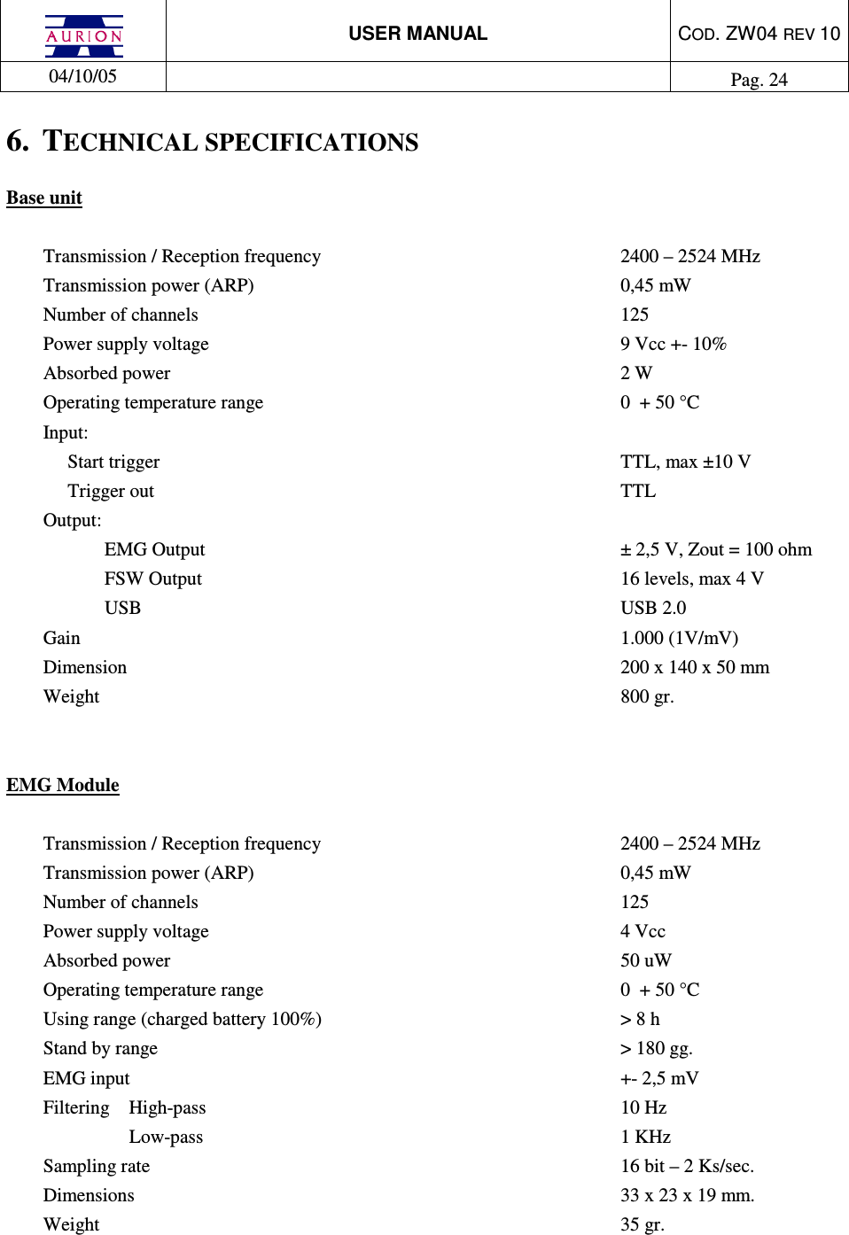  USER MANUAL  COD. ZW04 REV 10  04/10/05    Pag. 24  6.  TECHNICAL SPECIFICATIONS Base unit  Transmission / Reception frequency          2400 – 2524 MHz Transmission power (ARP)            0,45 mW Number of channels              125 Power supply voltage              9 Vcc +- 10% Absorbed power                2 W Operating temperature range            0  + 50 °C Input:   Start trigger                TTL, max ±10 V   Trigger out                 TTL Output:                   EMG Output              ± 2,5 V, Zout = 100 ohm FSW Output              16 levels, max 4 V USB                USB 2.0 Gain                  1.000 (1V/mV) Dimension                 200 x 140 x 50 mm Weight                  800 gr.   EMG Module   Transmission / Reception frequency          2400 – 2524 MHz Transmission power (ARP)            0,45 mW Number of channels              125 Power supply voltage              4 Vcc  Absorbed power                50 uW Operating temperature range            0  + 50 °C Using range (charged battery 100%)          &gt; 8 h Stand by range                &gt; 180 gg. EMG input                +- 2,5 mV  Filtering  High-pass               10 Hz Low-pass                1 KHz Sampling rate                16 bit – 2 Ks/sec. Dimensions                33 x 23 x 19 mm. Weight                  35 gr.  